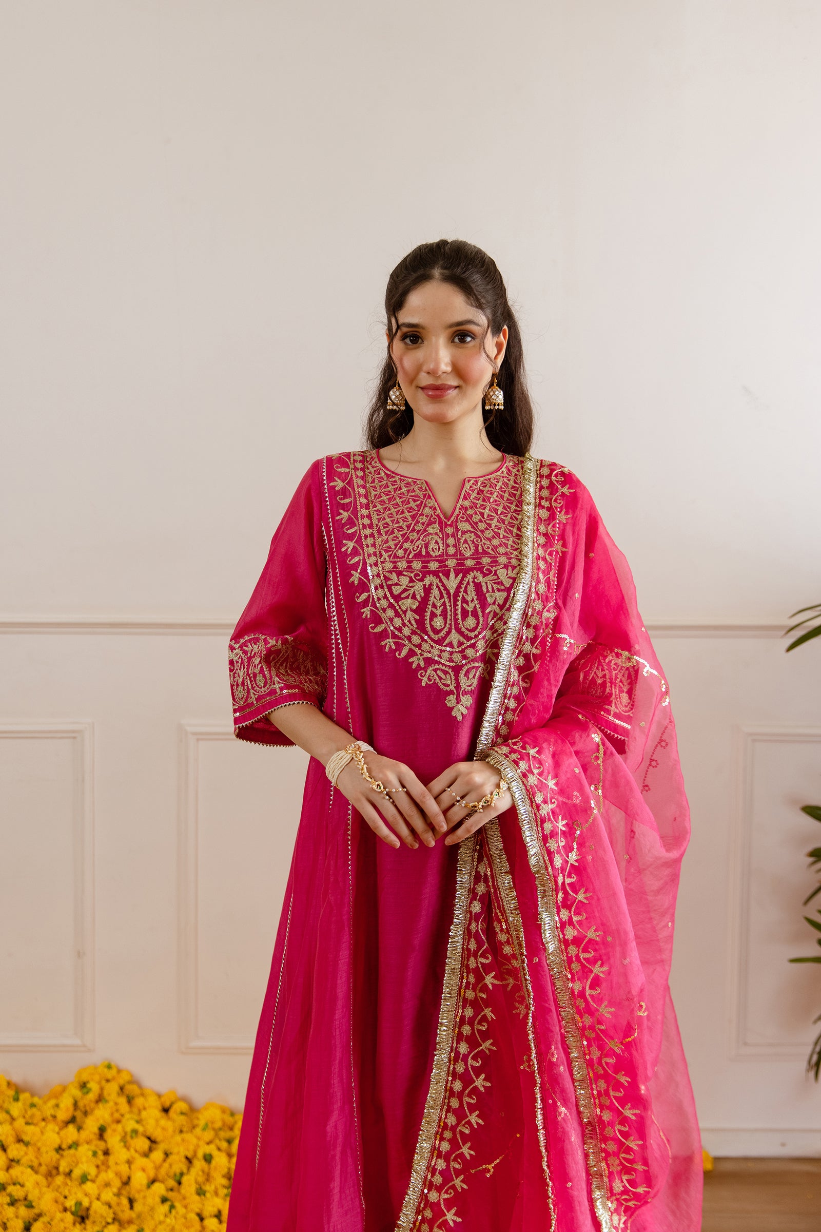 Hot Pink Chanderi Three Kali Kurta Set - Asrumo