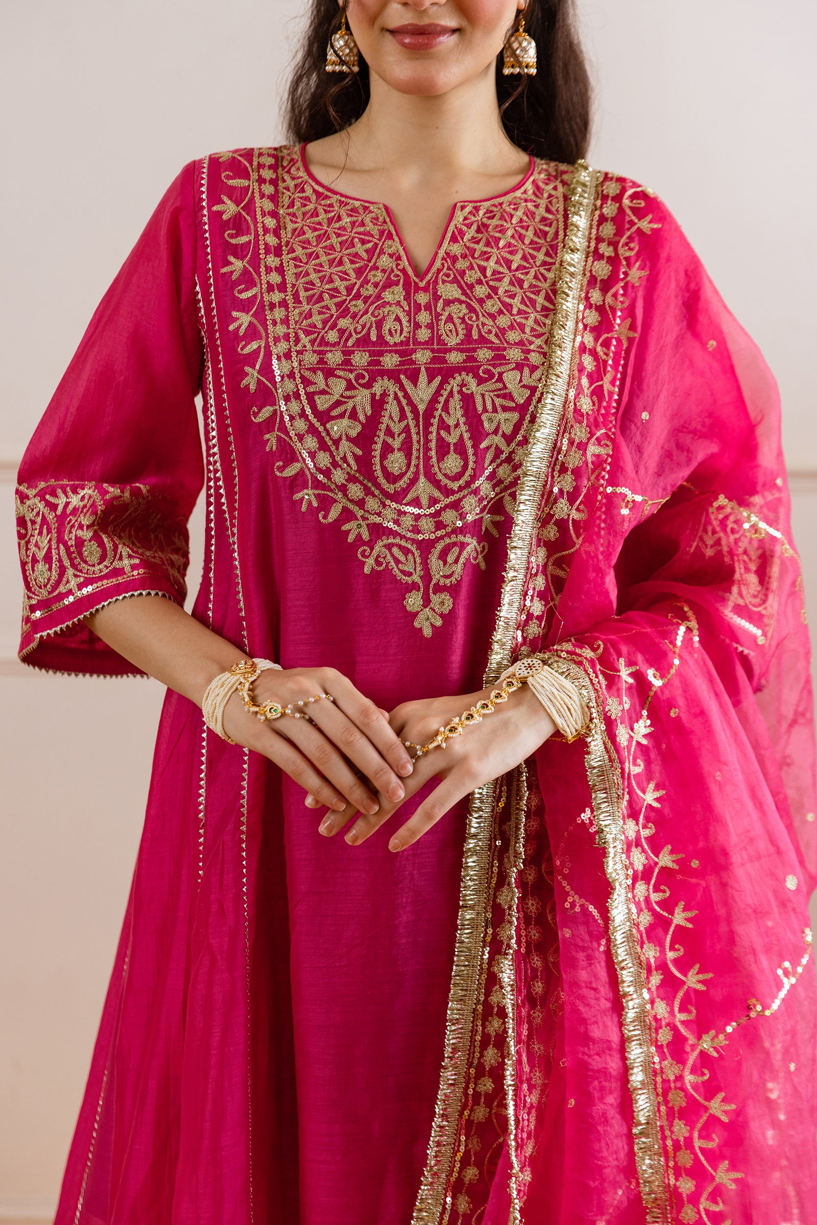 Hot Pink Chanderi Three Kali Kurta Set - Asrumo
