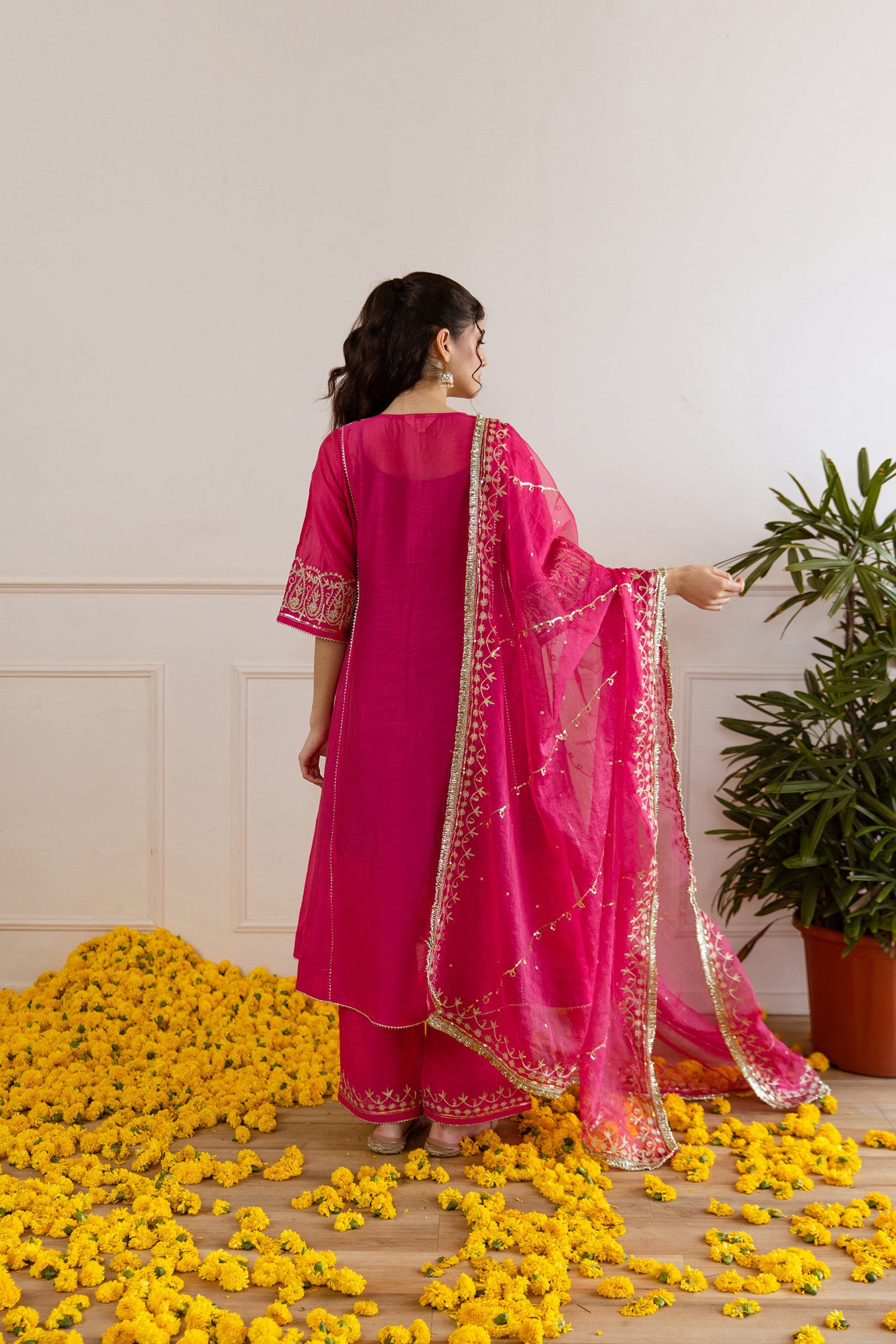 Hot Pink Chanderi Three Kali Kurta Set - Asrumo