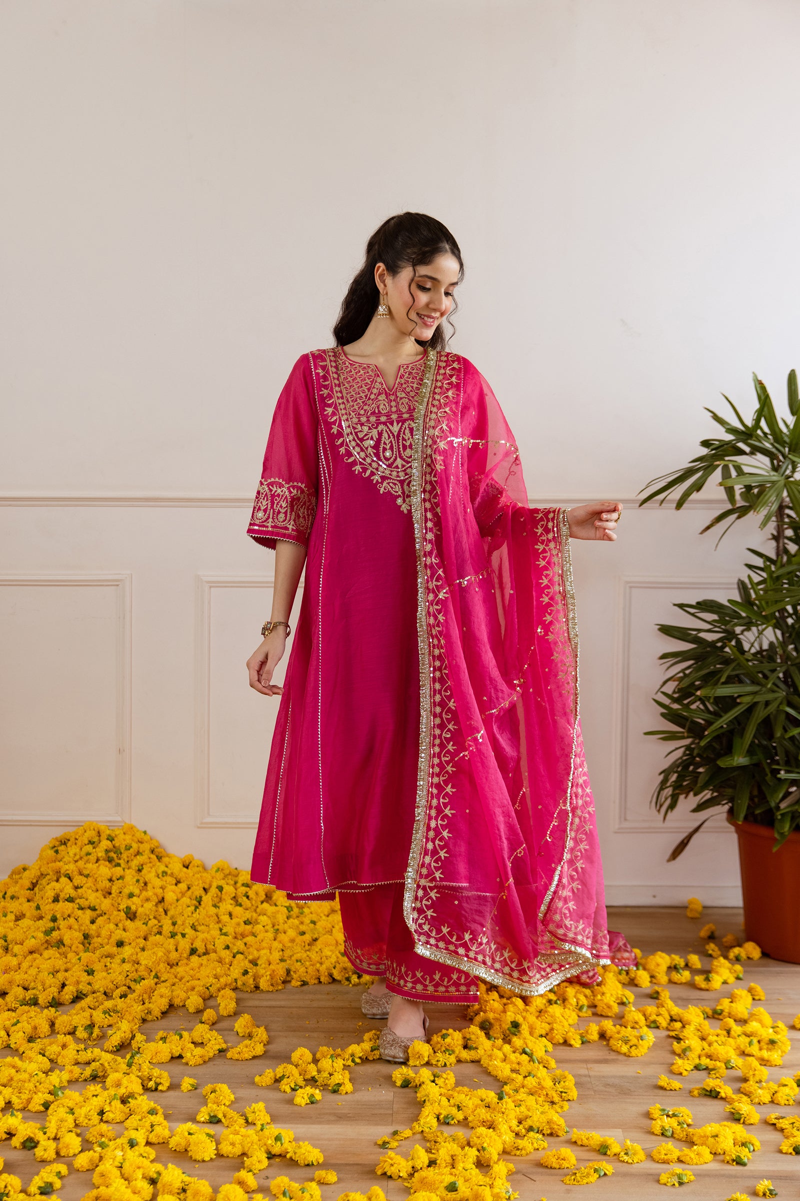 Hot Pink Chanderi Three Kali Kurta Set - Asrumo