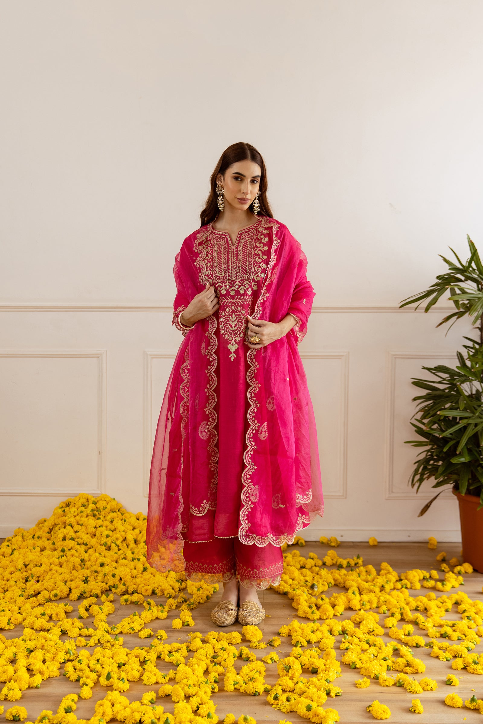 Rani Pink Chanderi Heavy Neck Embroidery Three Kali Suit Set - Asrumo