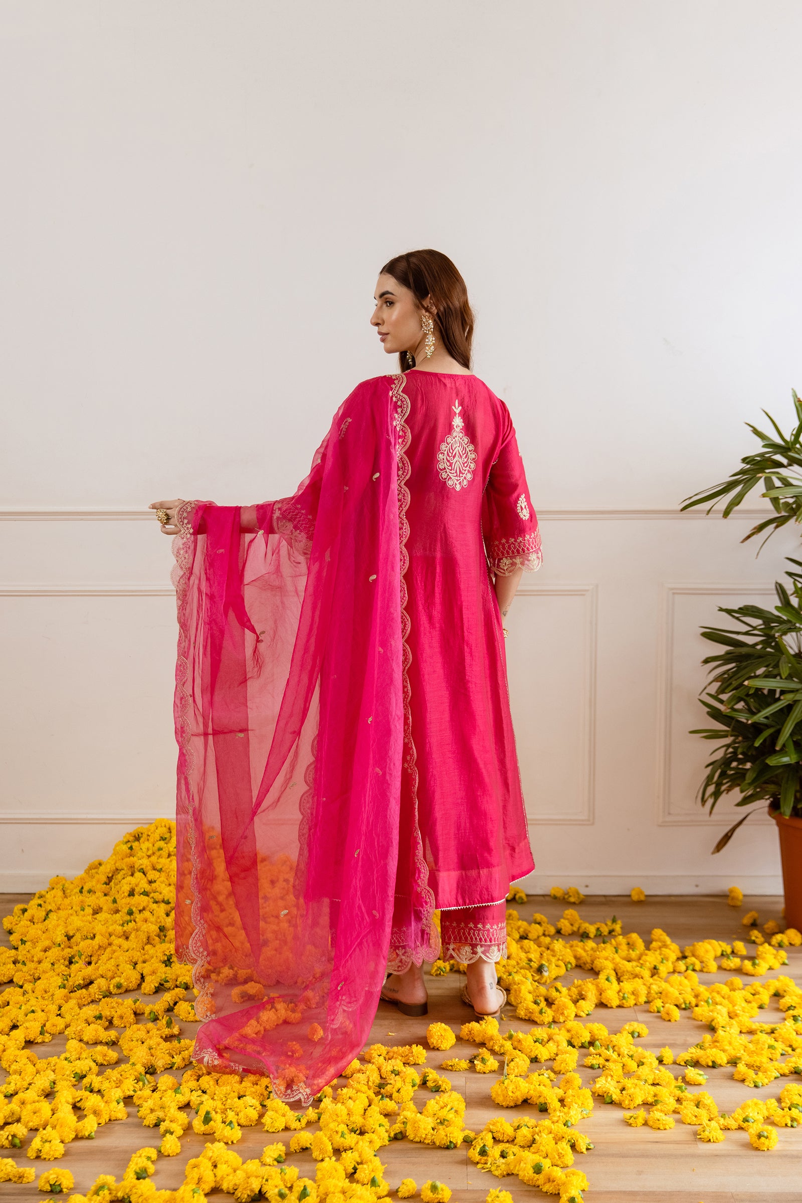 Rani Pink Chanderi Heavy Neck Embroidery Three Kali Suit Set - Asrumo