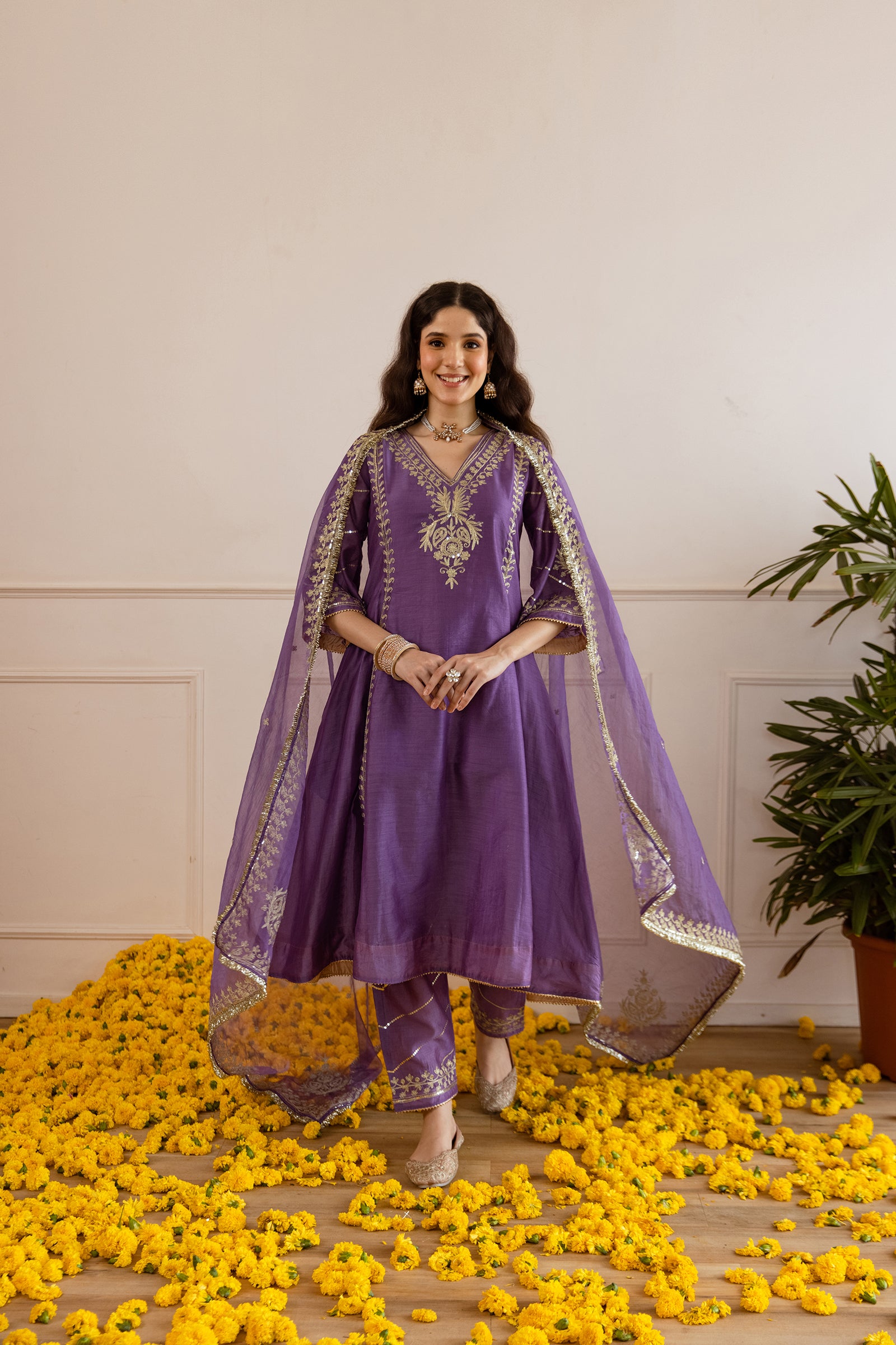 Orchid Chanderi Three Kali Kurta Set - Asrumo