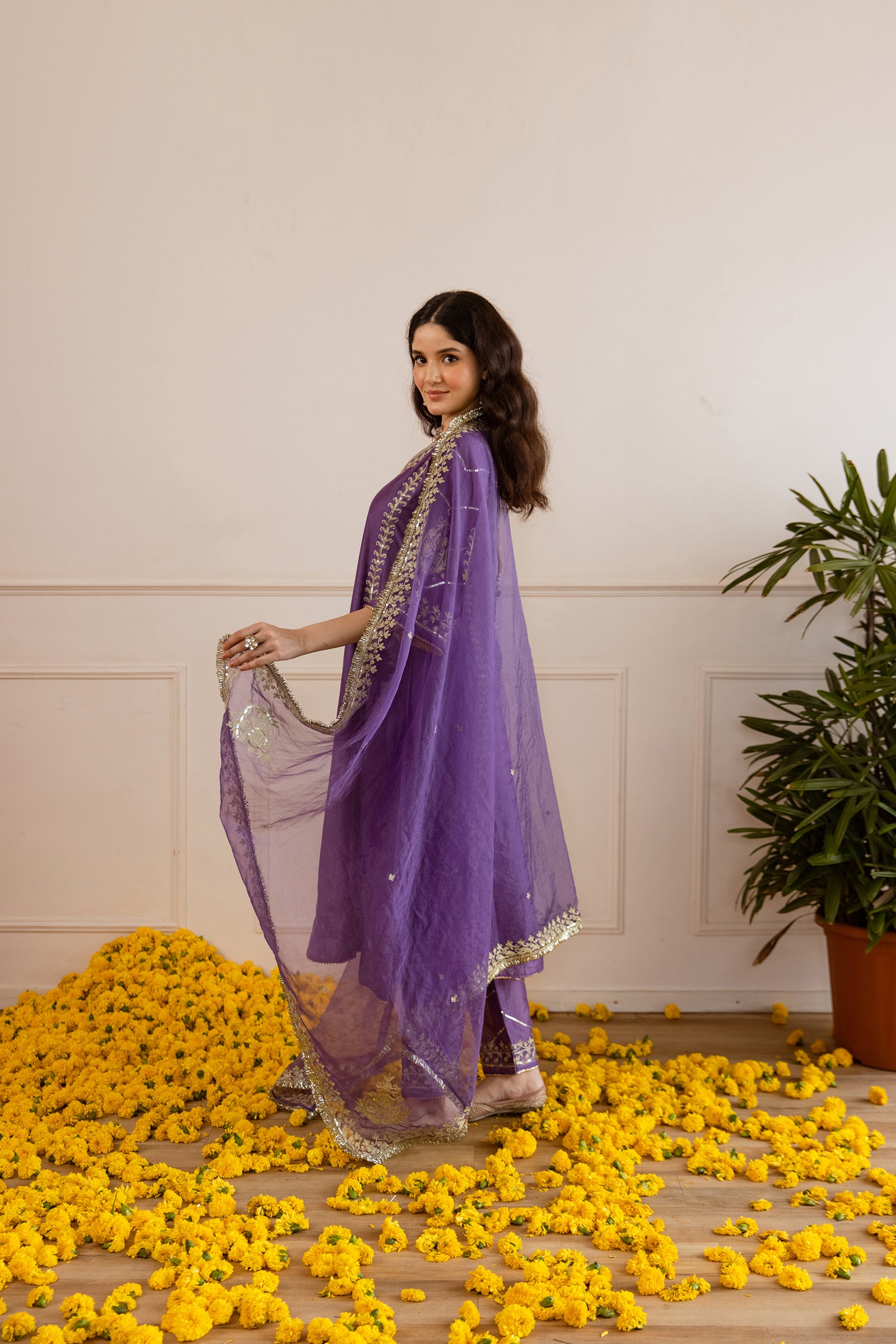 Orchid Chanderi Three Kali Kurta Set - Asrumo