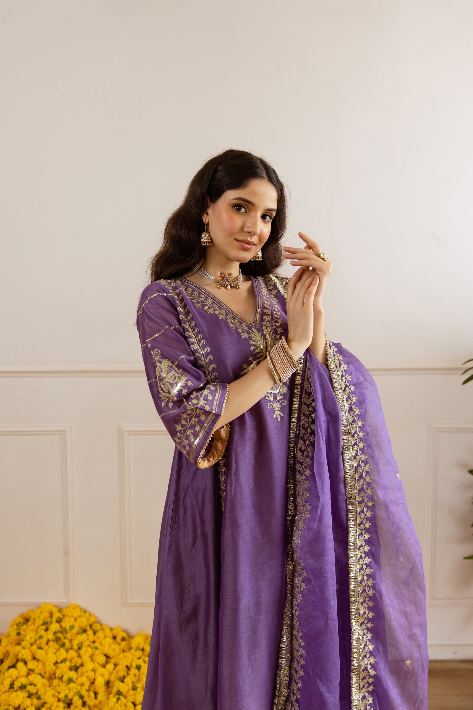 Orchid Chanderi Three Kali Kurta Set - Asrumo