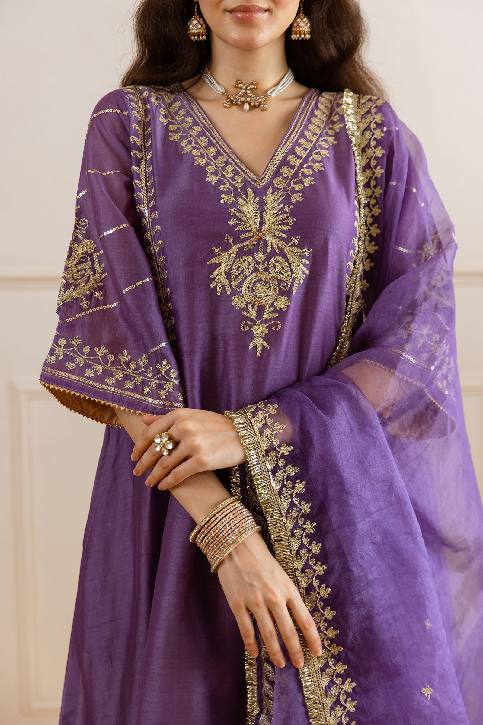 Orchid Chanderi Three Kali Kurta Set - Asrumo
