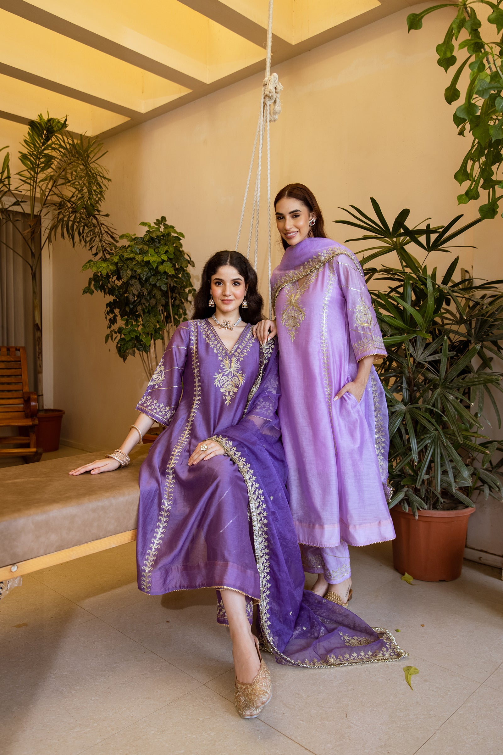 Orchid Chanderi Three Kali Kurta Set - Asrumo