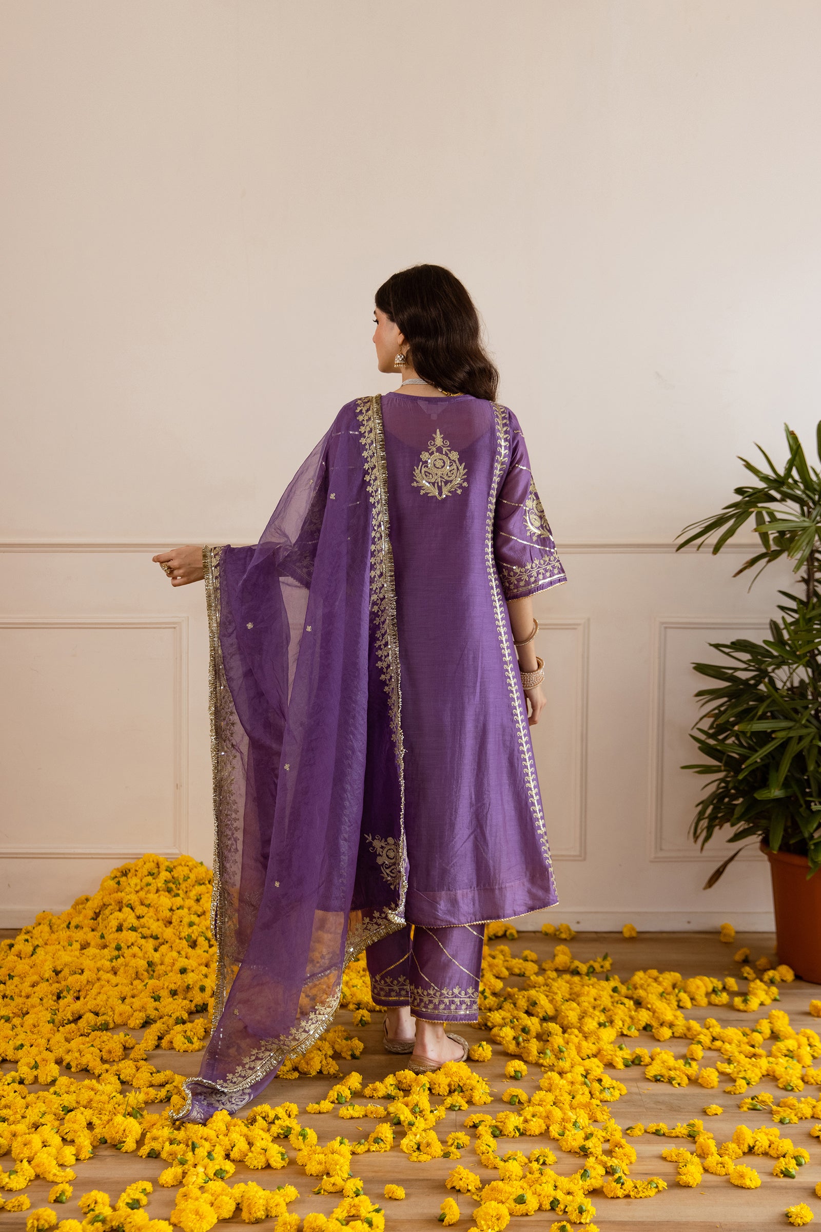 Orchid Chanderi Three Kali Kurta Set - Asrumo