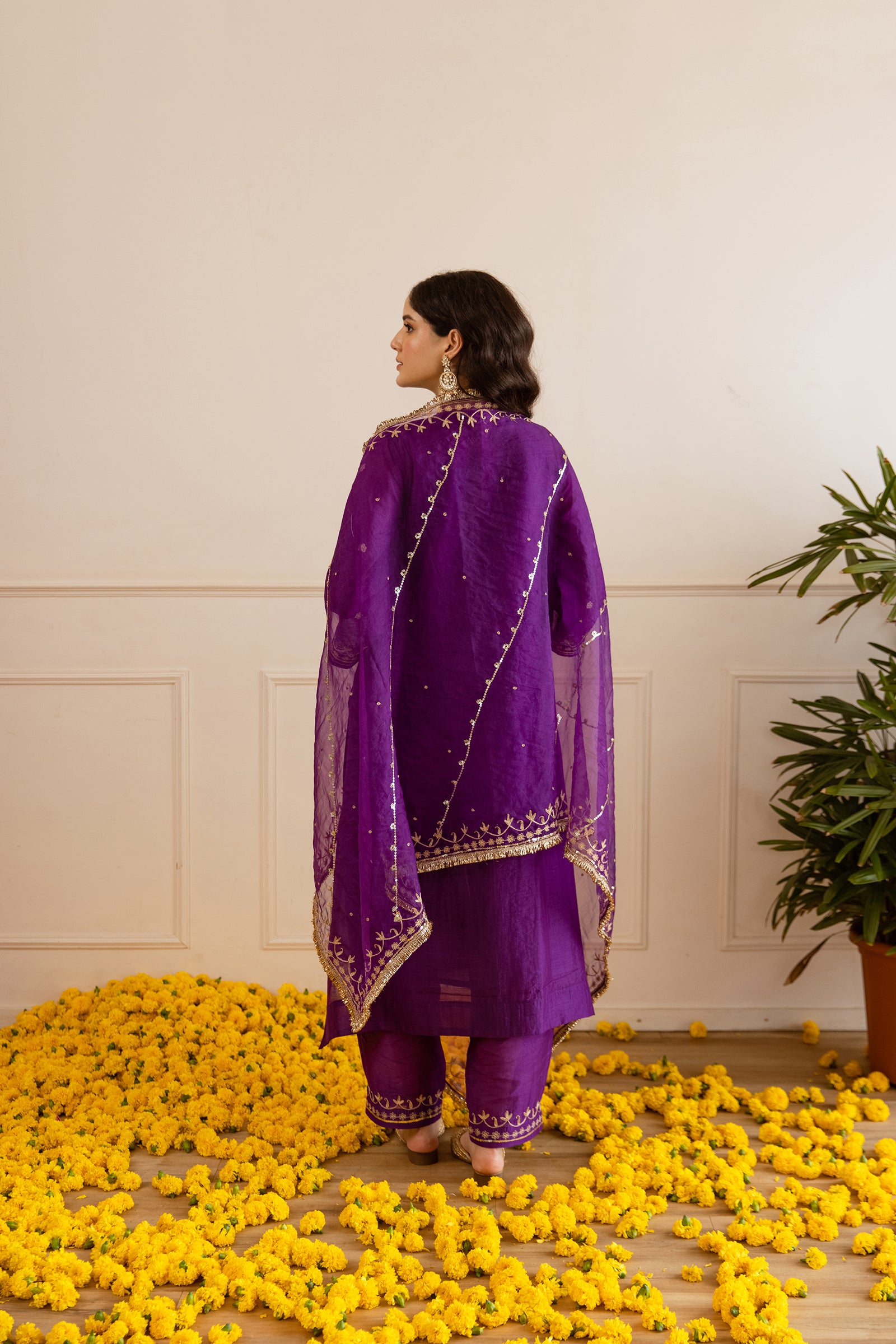 Purple Chanderi Three Kali Kurta Set- Asrumo