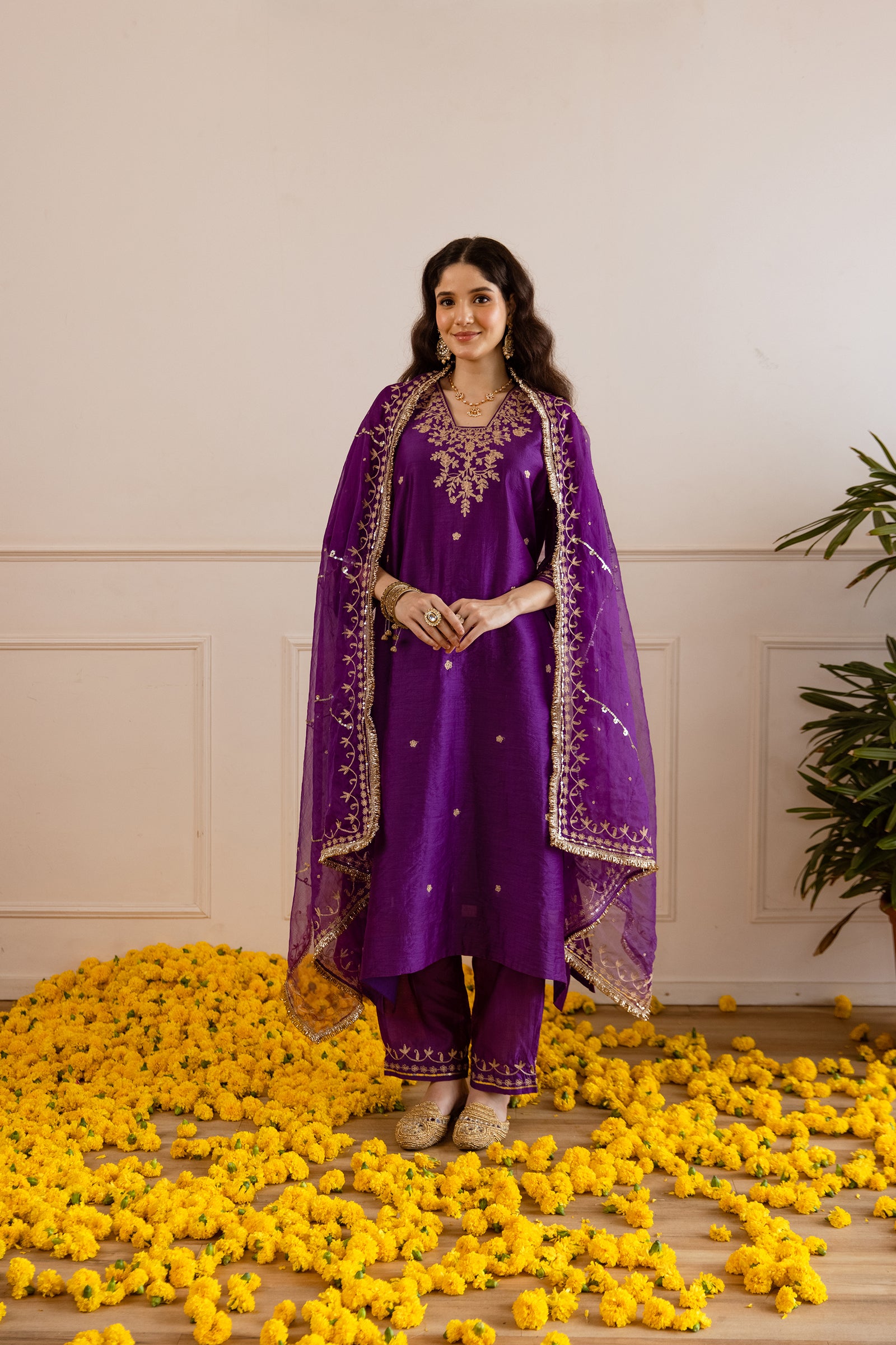 Purple Chanderi Three Kali Kurta Set- Asrumo