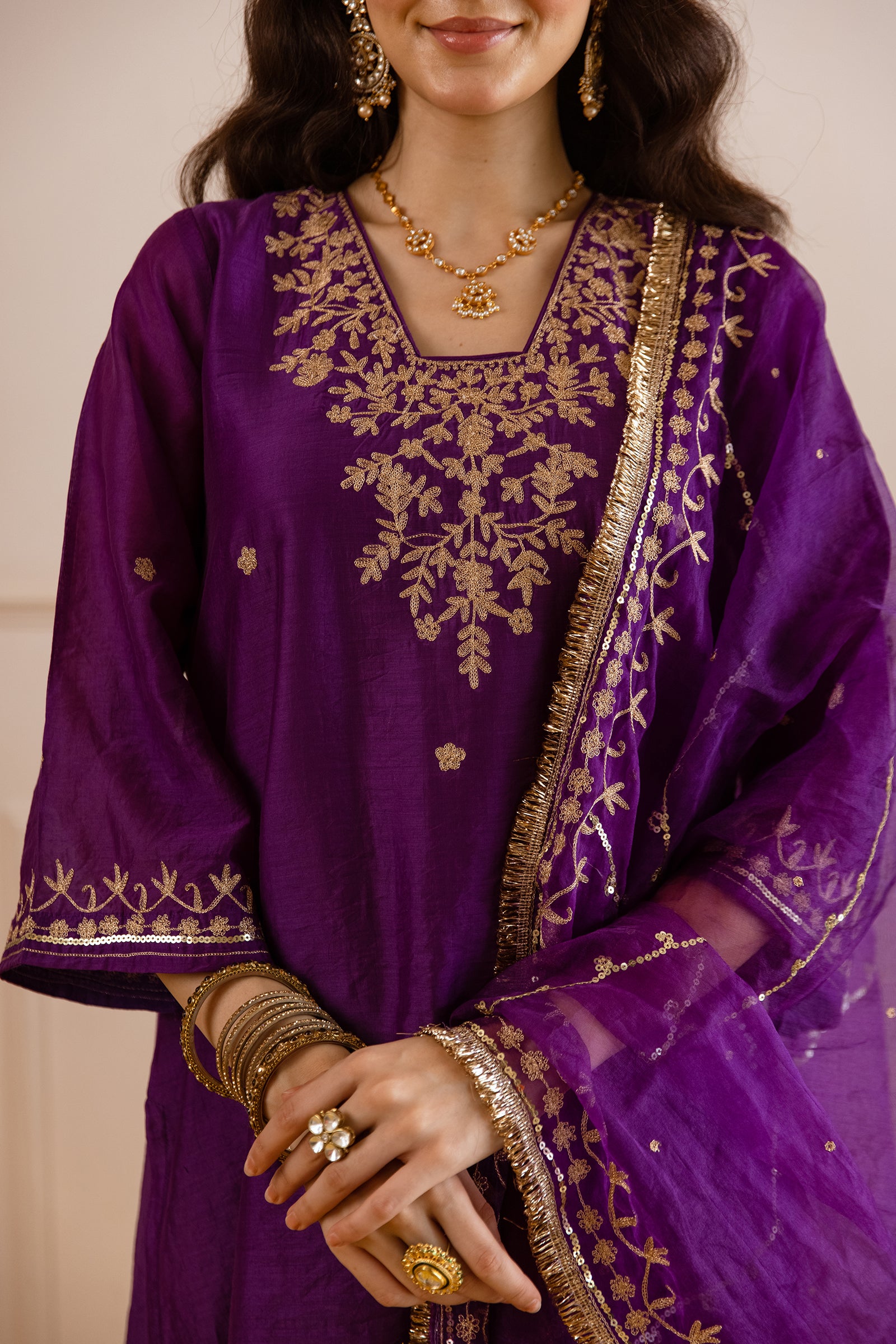 Purple Chanderi Three Kali Kurta Set- Asrumo