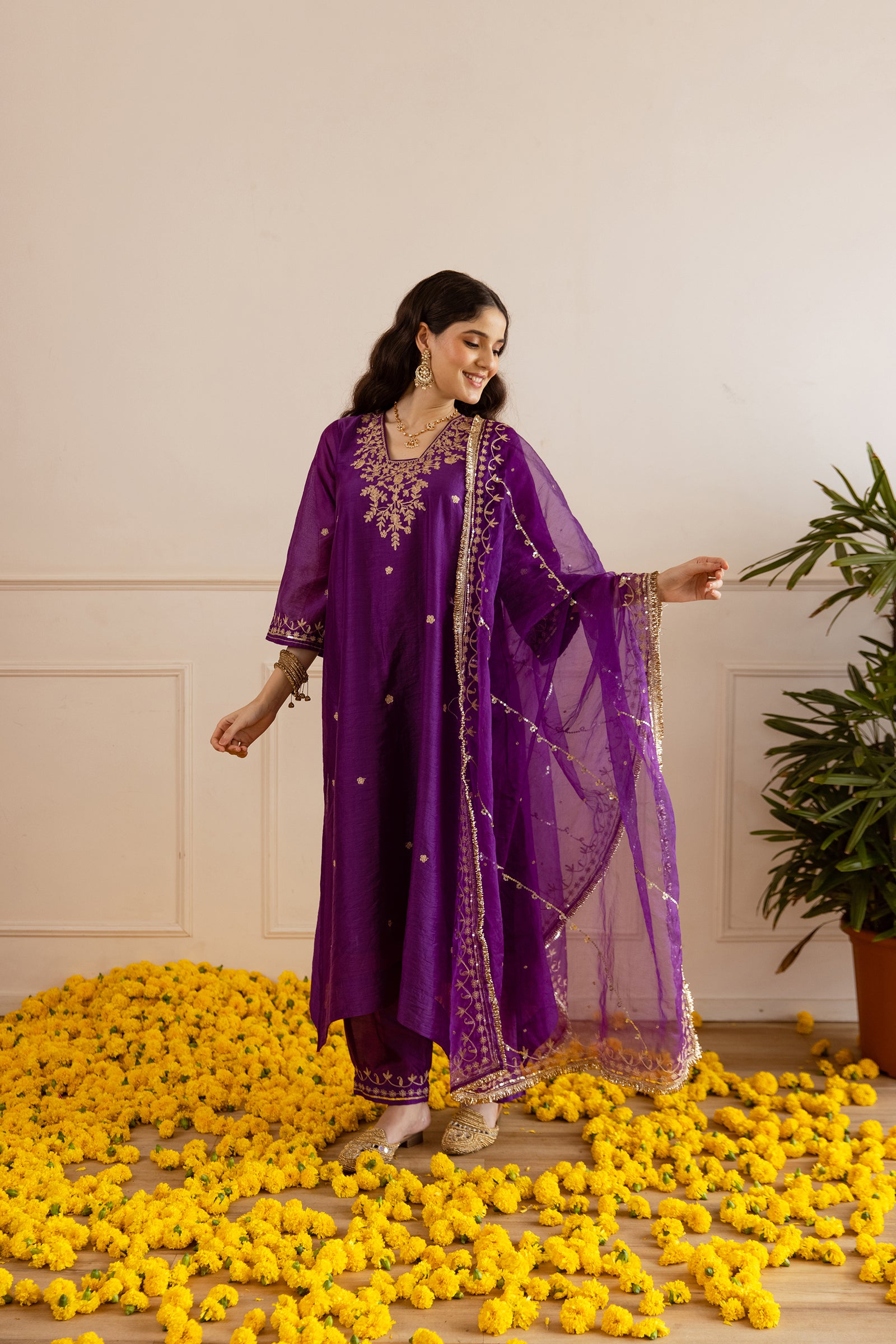 Purple Chanderi Three Kali Kurta Set- Asrumo