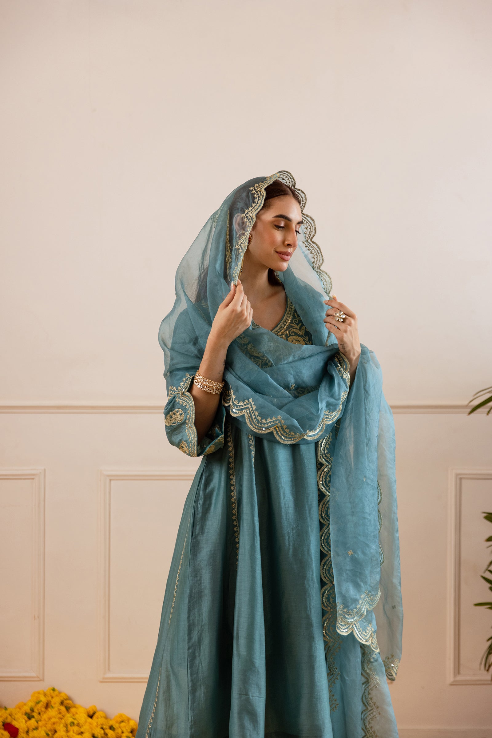 Teal Chanderi Three Kali Kurta Set - Asrumo