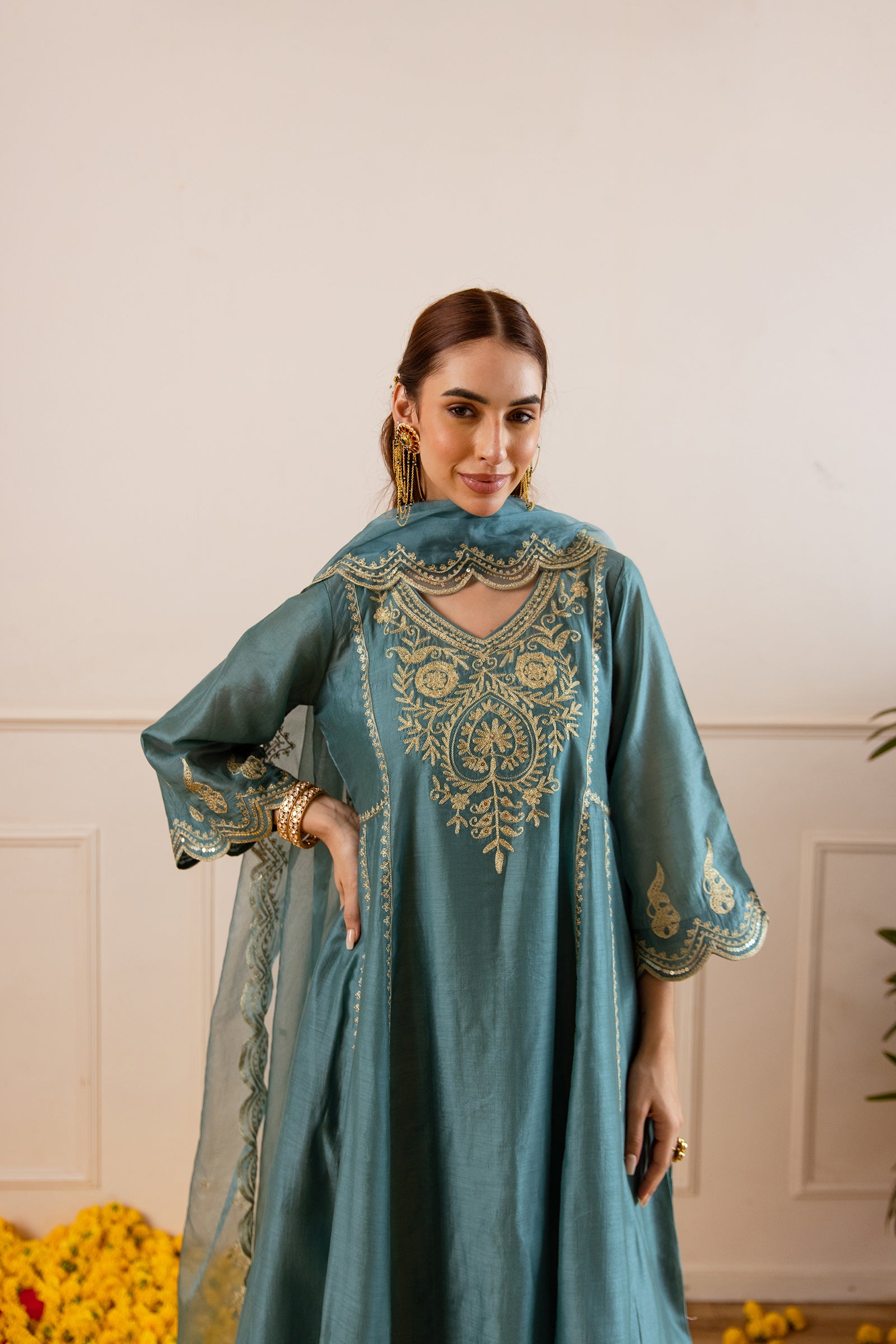 Teal Chanderi Three Kali Kurta Set - Asrumo