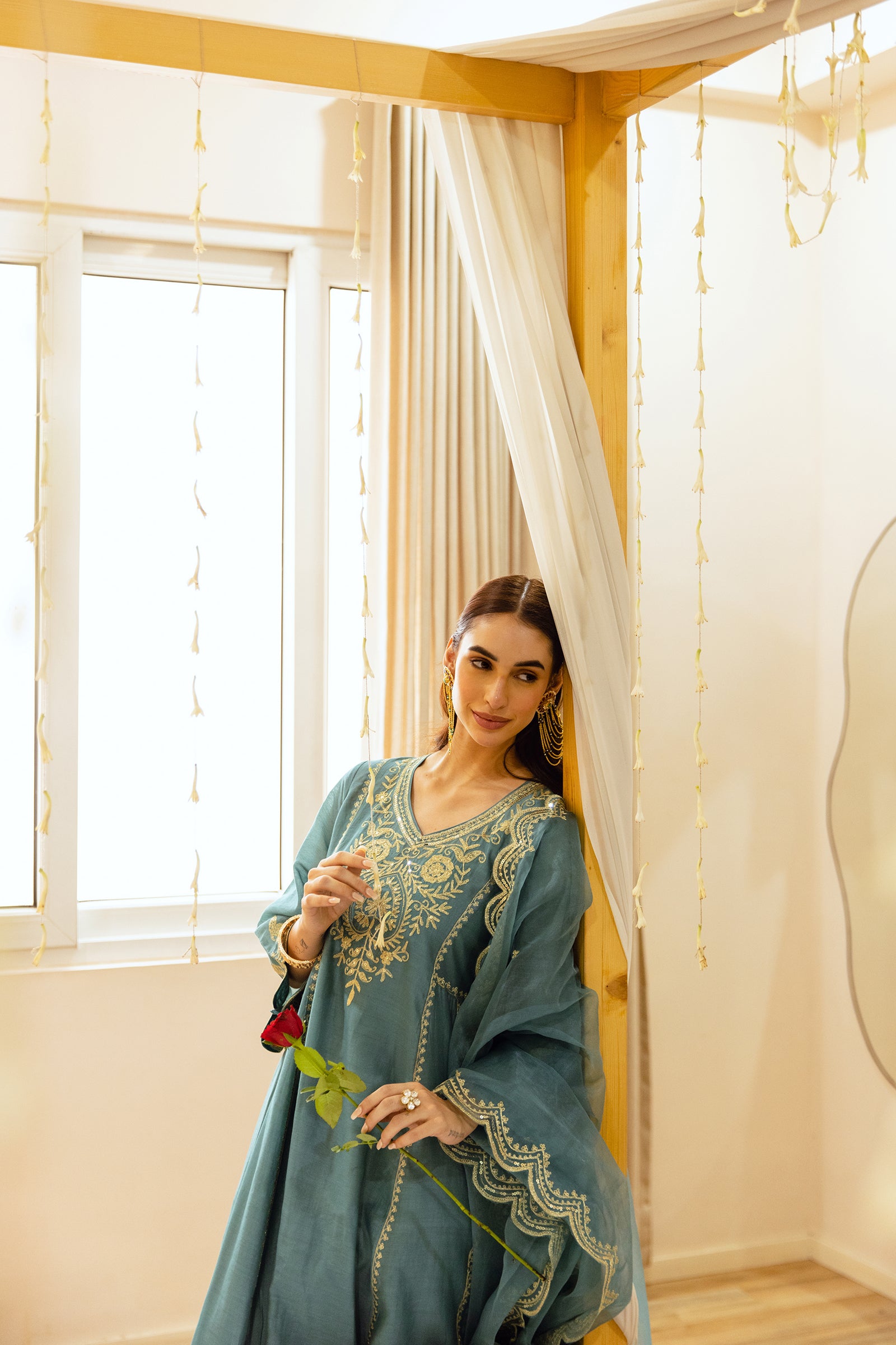 Teal Chanderi Three Kali Kurta Set - Asrumo