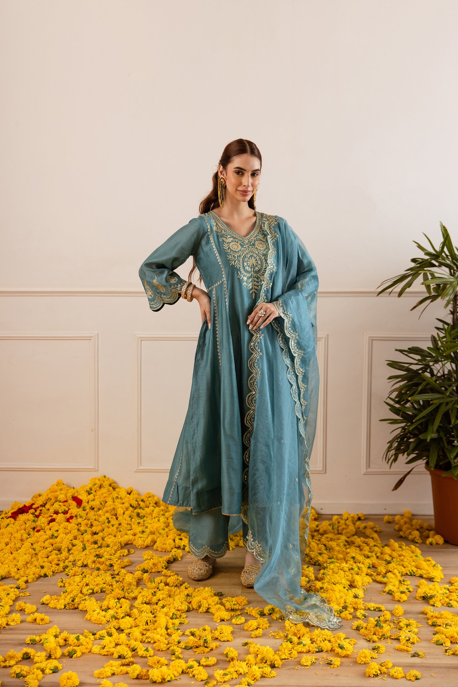 Teal Chanderi Three Kali Kurta Set - Asrumo
