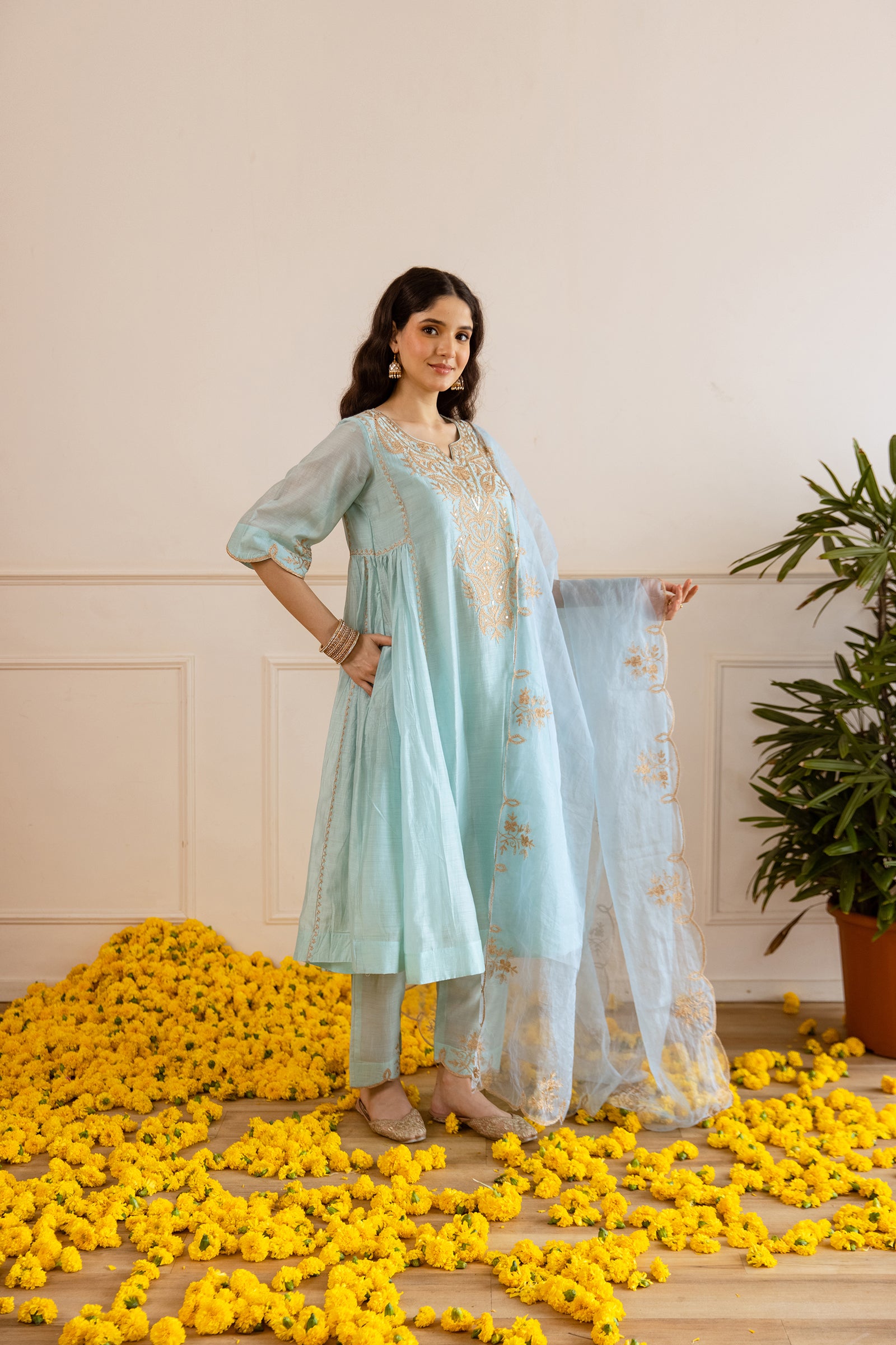 Sky Chanderi Kurta Set With Organza Dupatta - Asrumo