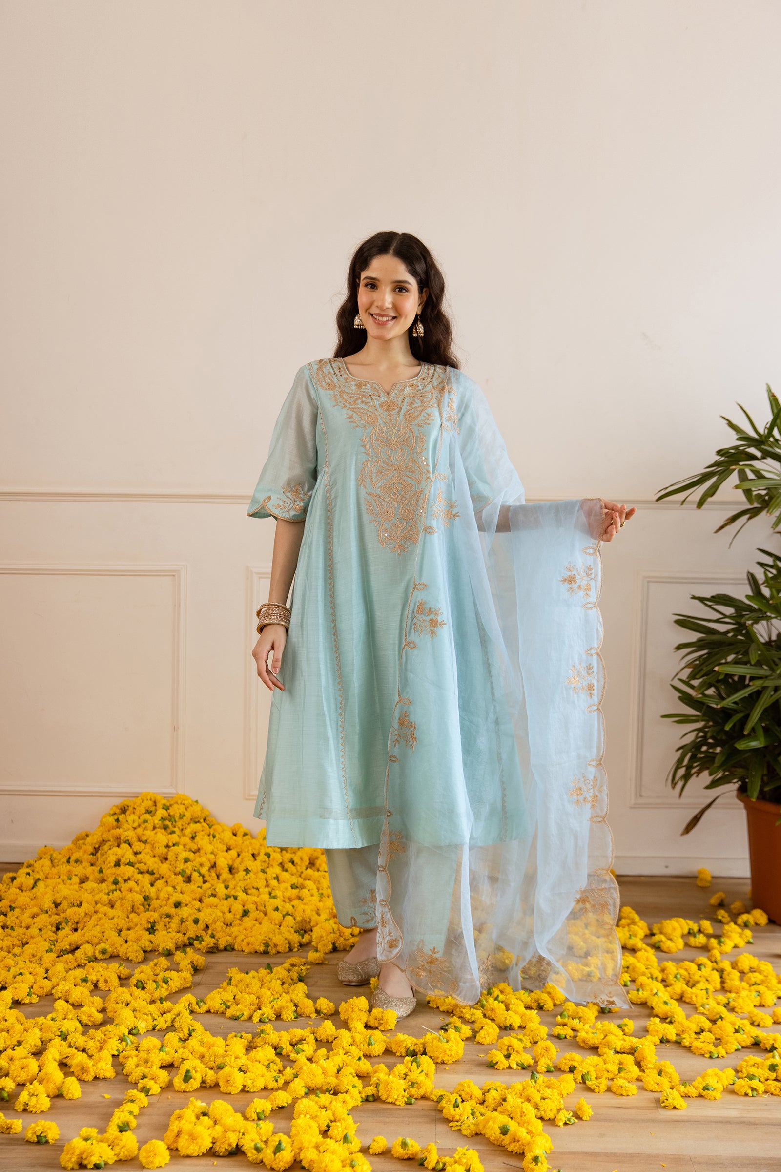 Sky Chanderi Kurta Set With Organza Dupatta - Asrumo