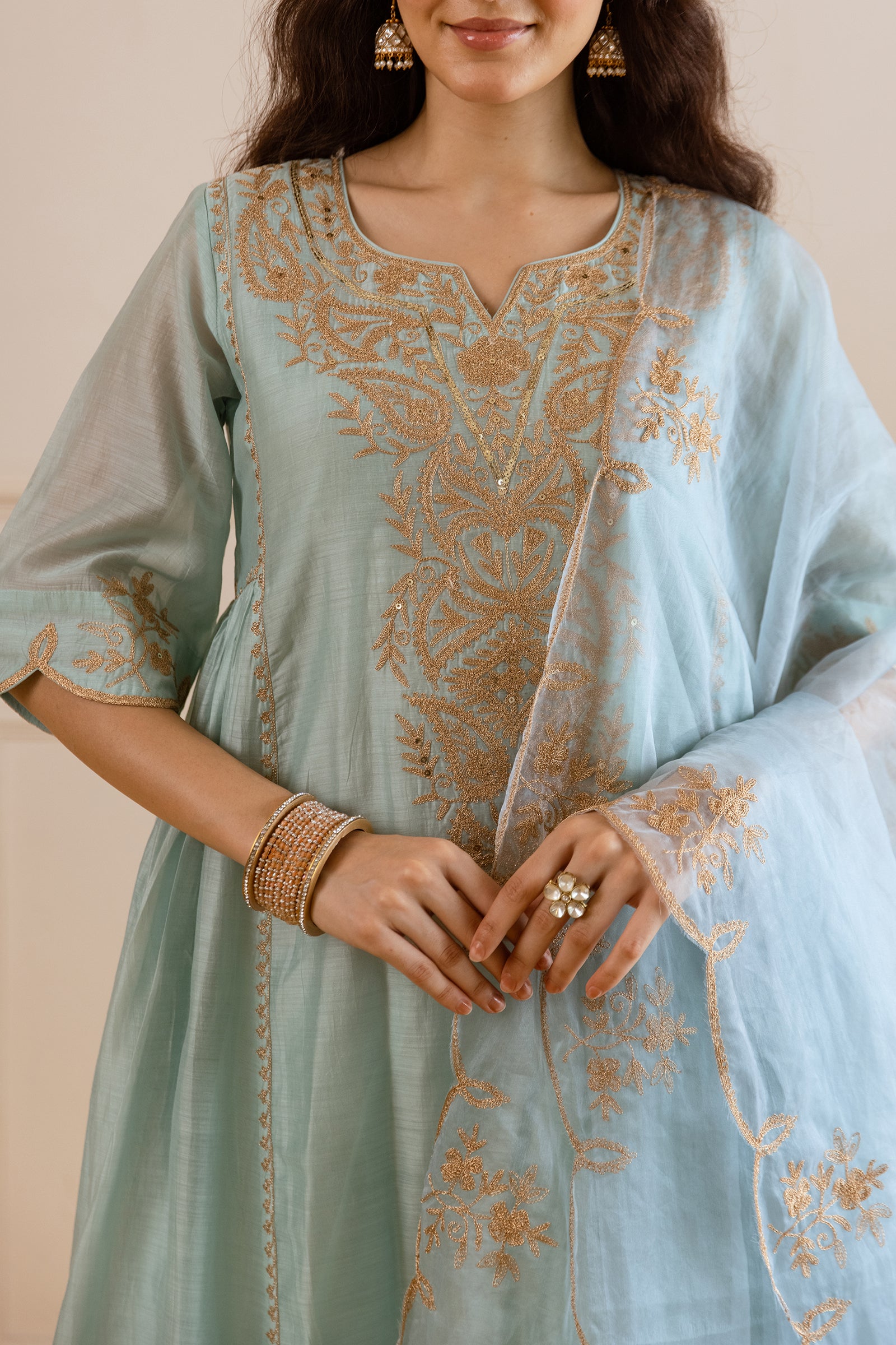 Sky Chanderi Kurta Set With Organza Dupatta - Asrumo