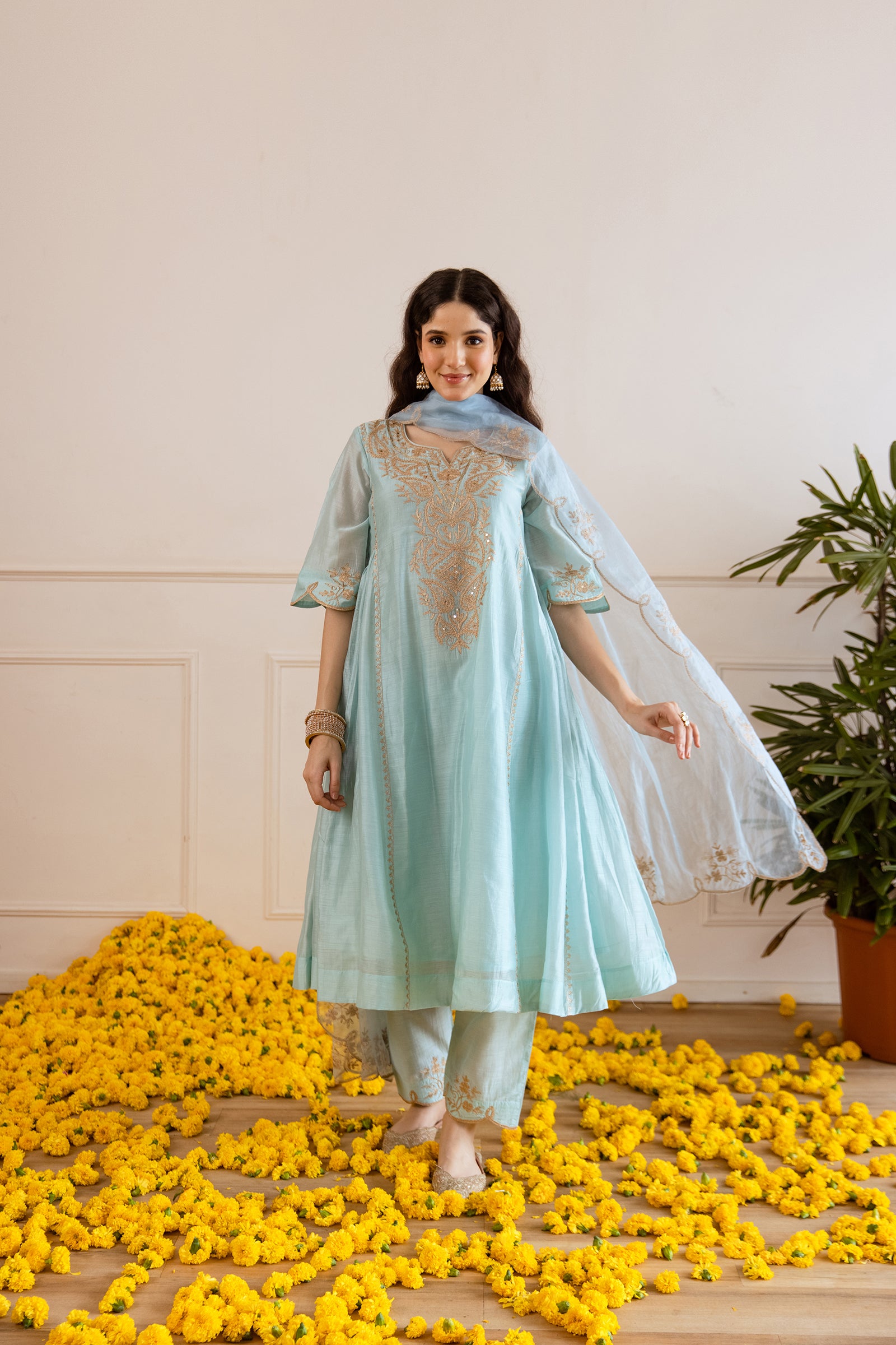 Sky Chanderi Kurta Set With Organza Dupatta - Asrumo
