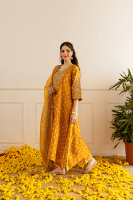 Marigold Hand Bandhej Suit Set With Kiran Organza Dupatta