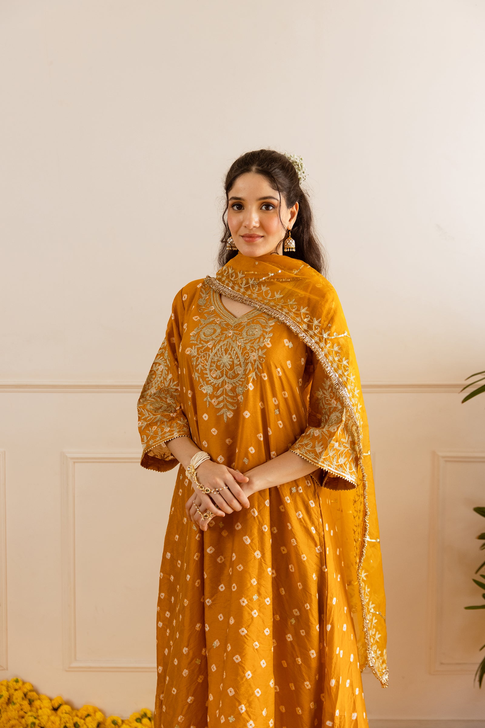 Marigold Hand Bandhej straight Suit Set - Asrumo