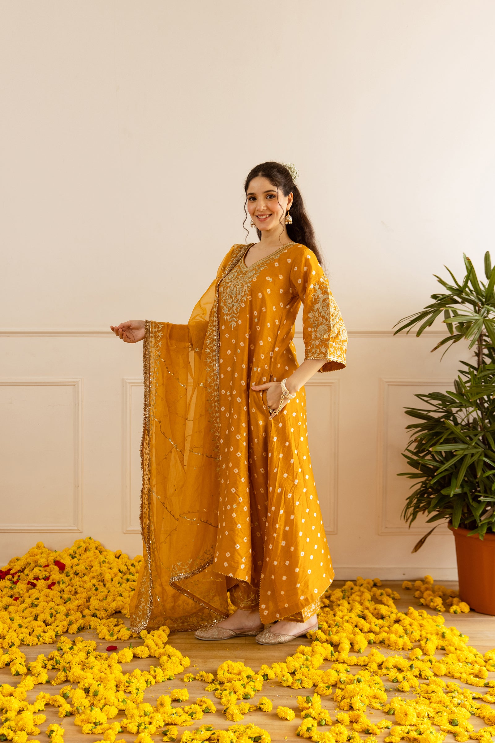 Marigold Hand Bandhej straight Suit Set - Asrumo