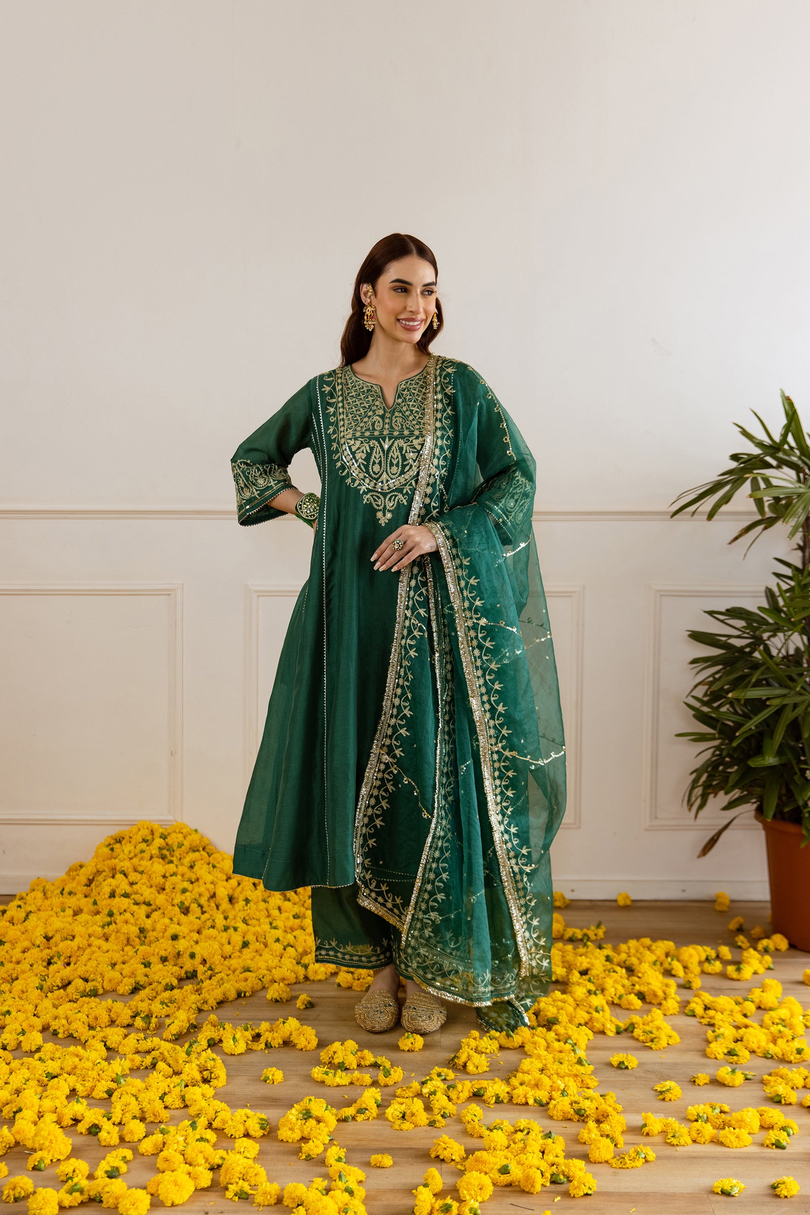 Emerald Chanderi Three Kali Kurta Set - Asrumo
