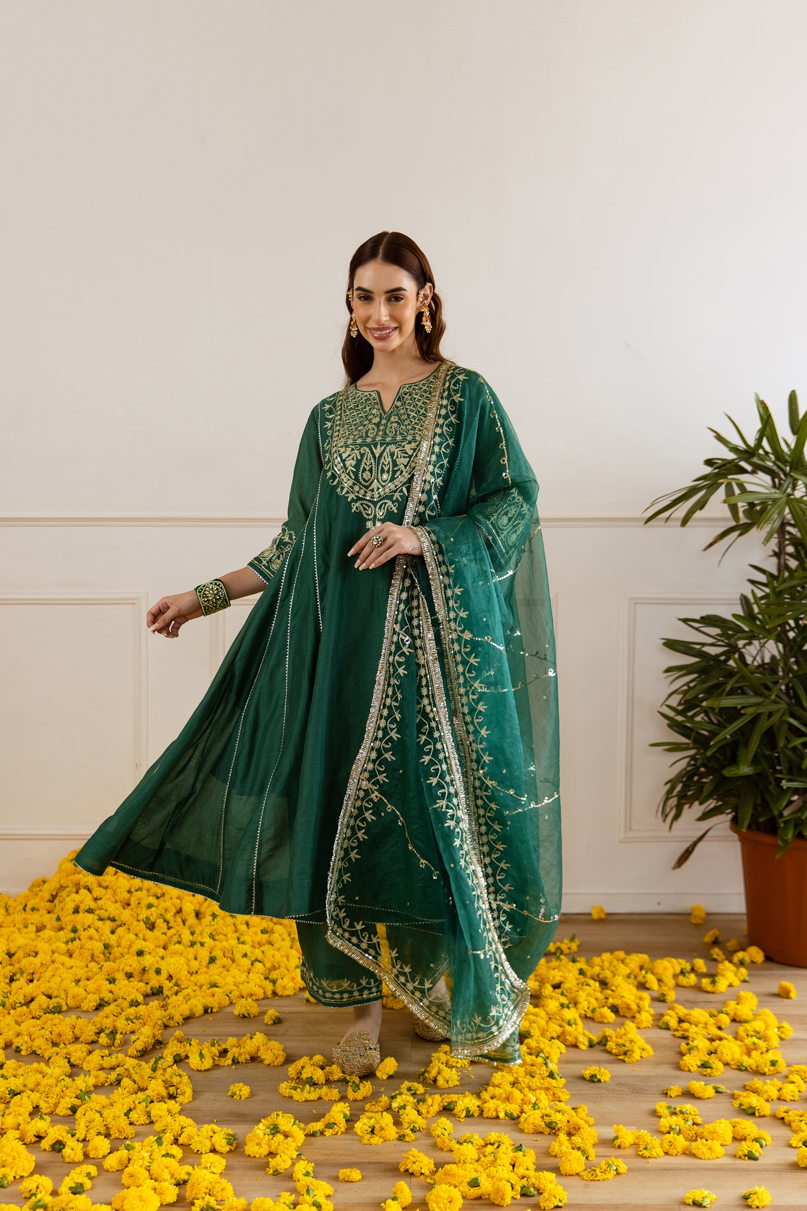 Emerald Chanderi Three Kali Kurta Set - Asrumo