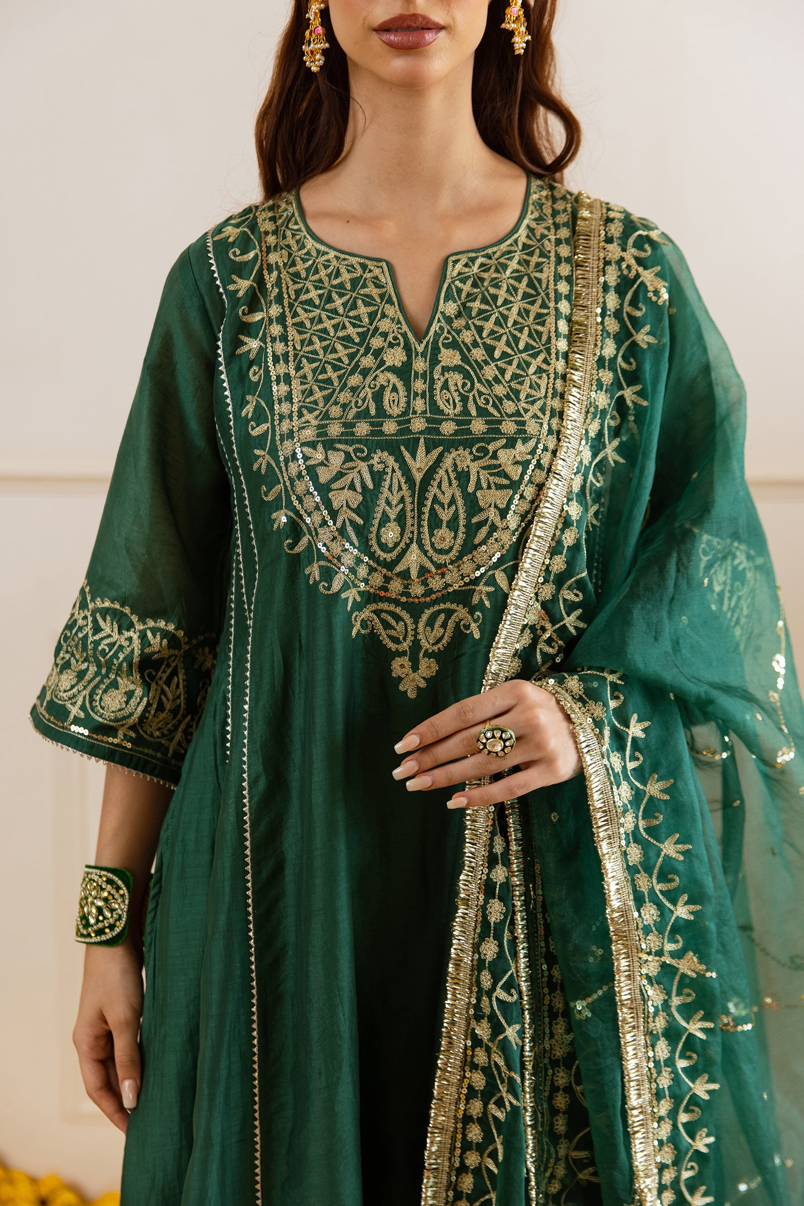 Emerald Chanderi Three Kali Kurta Set - Asrumo
