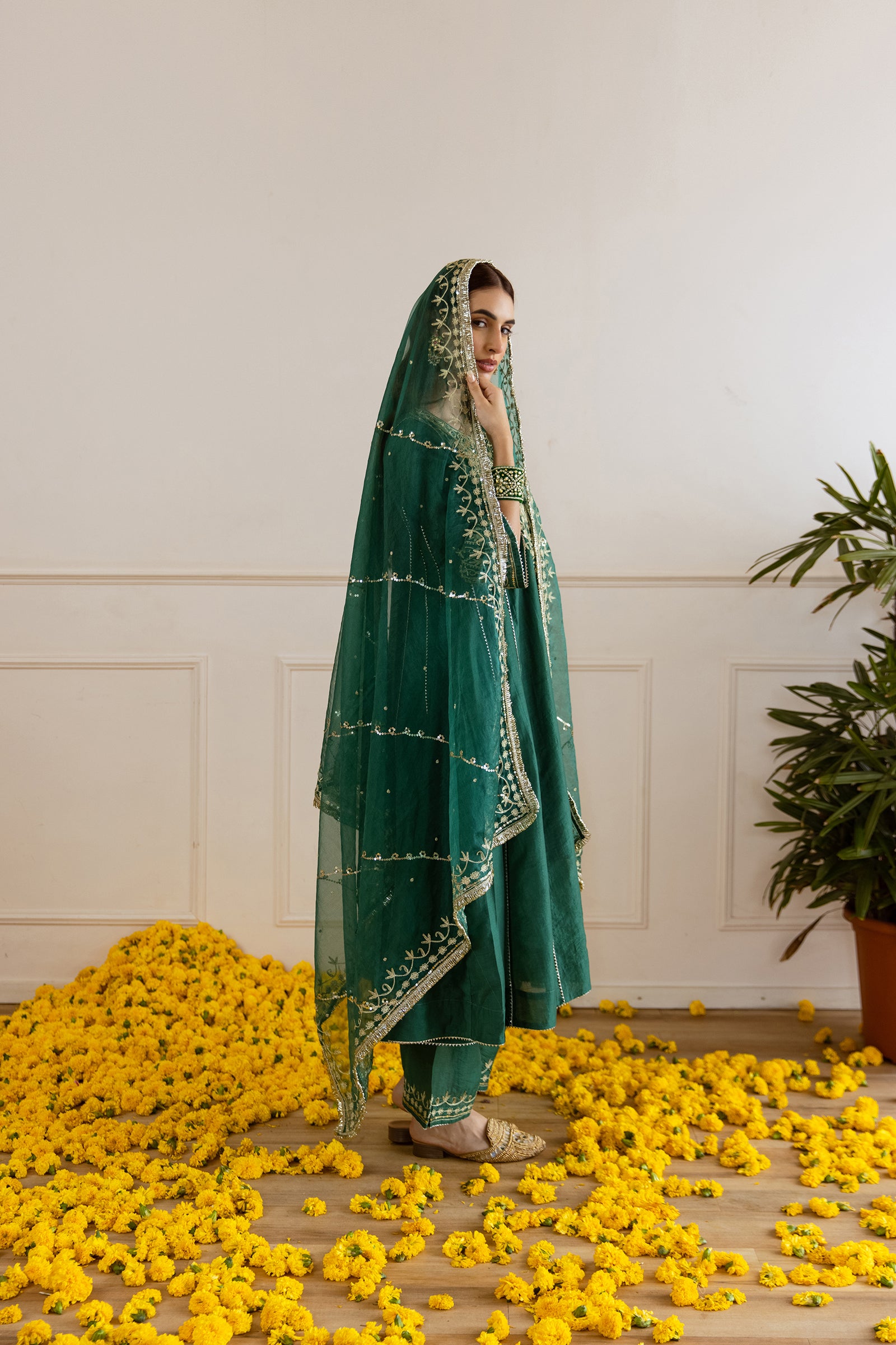 Emerald Chanderi Three Kali Kurta Set - Asrumo