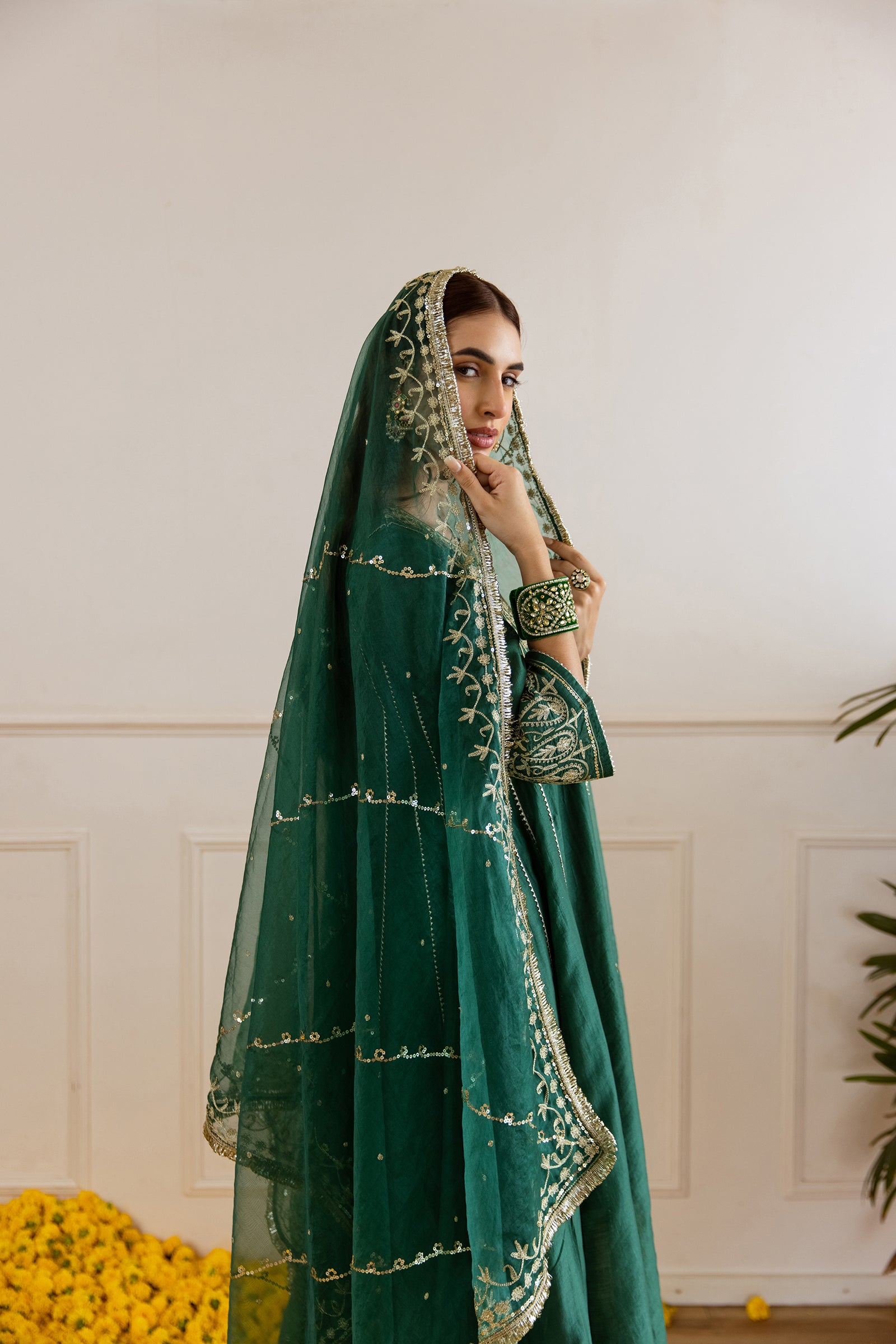 Emerald Chanderi Three Kali Kurta Set - Asrumo