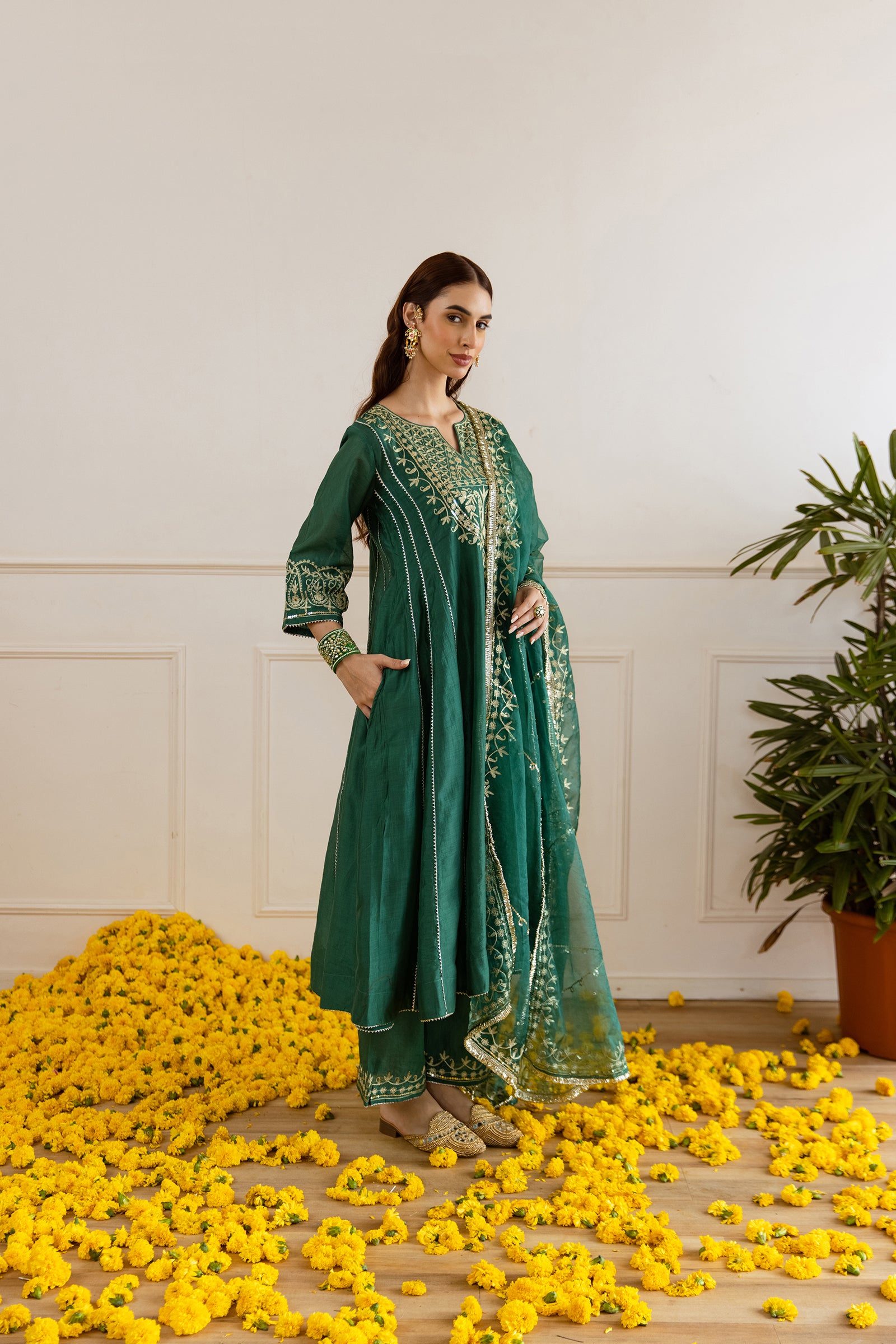 Emerald Chanderi Three Kali Kurta Set - Asrumo