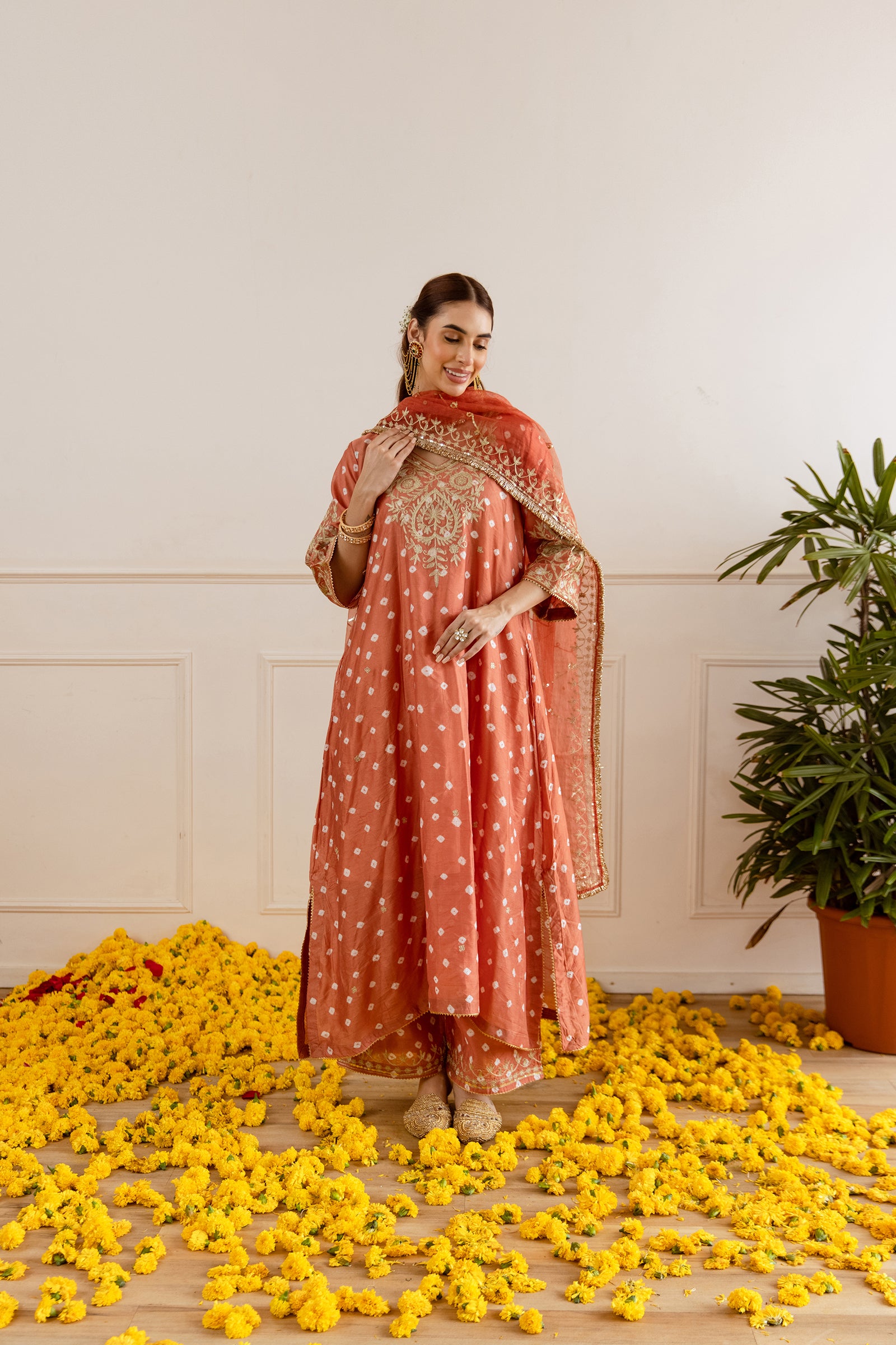 Rust Hand Bandhej Suit Set - Asrumo