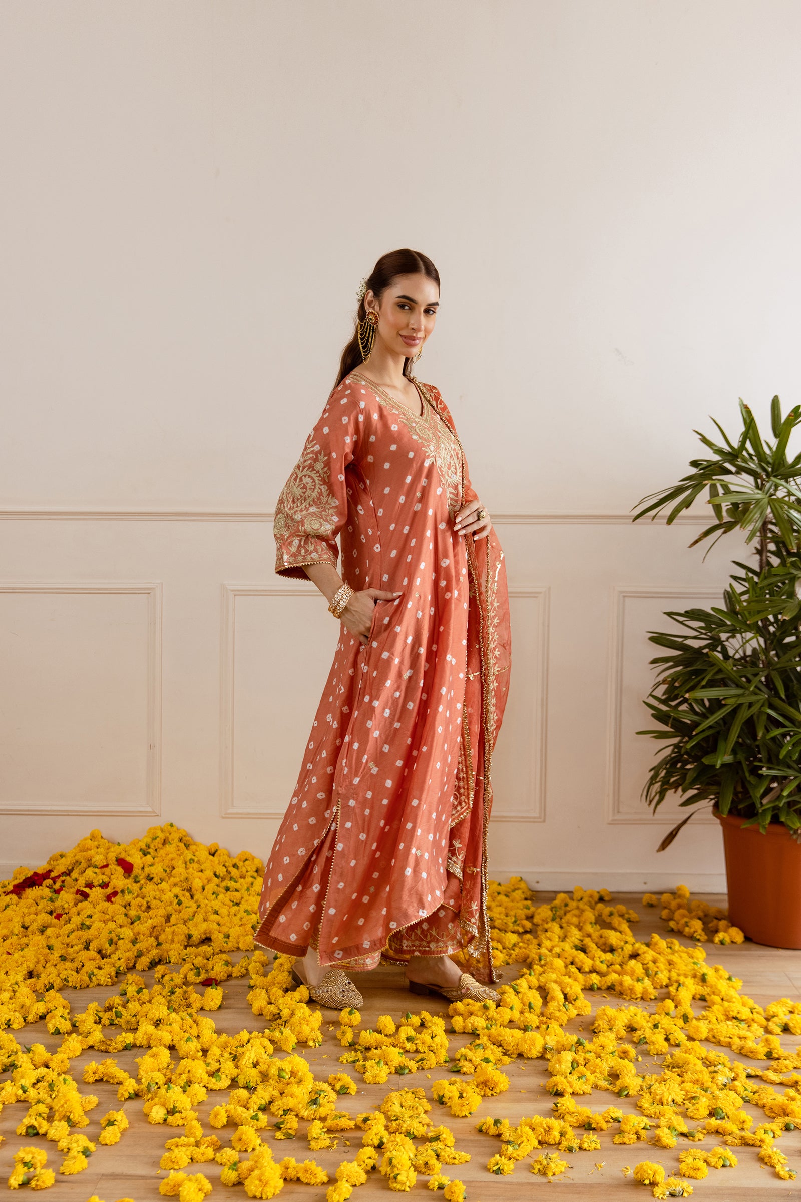 Rust Hand Bandhej Suit Set - Asrumo