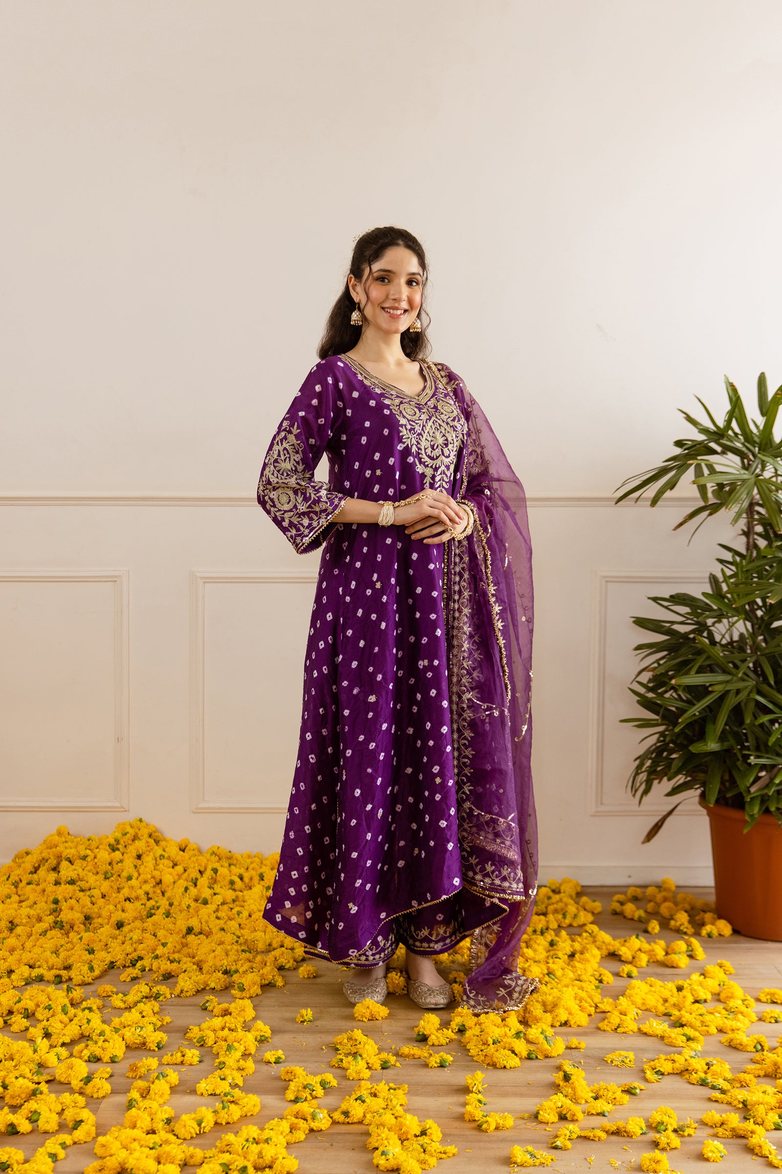 Royal Purple Hand Bandhej straight Suit Set - Asrumo