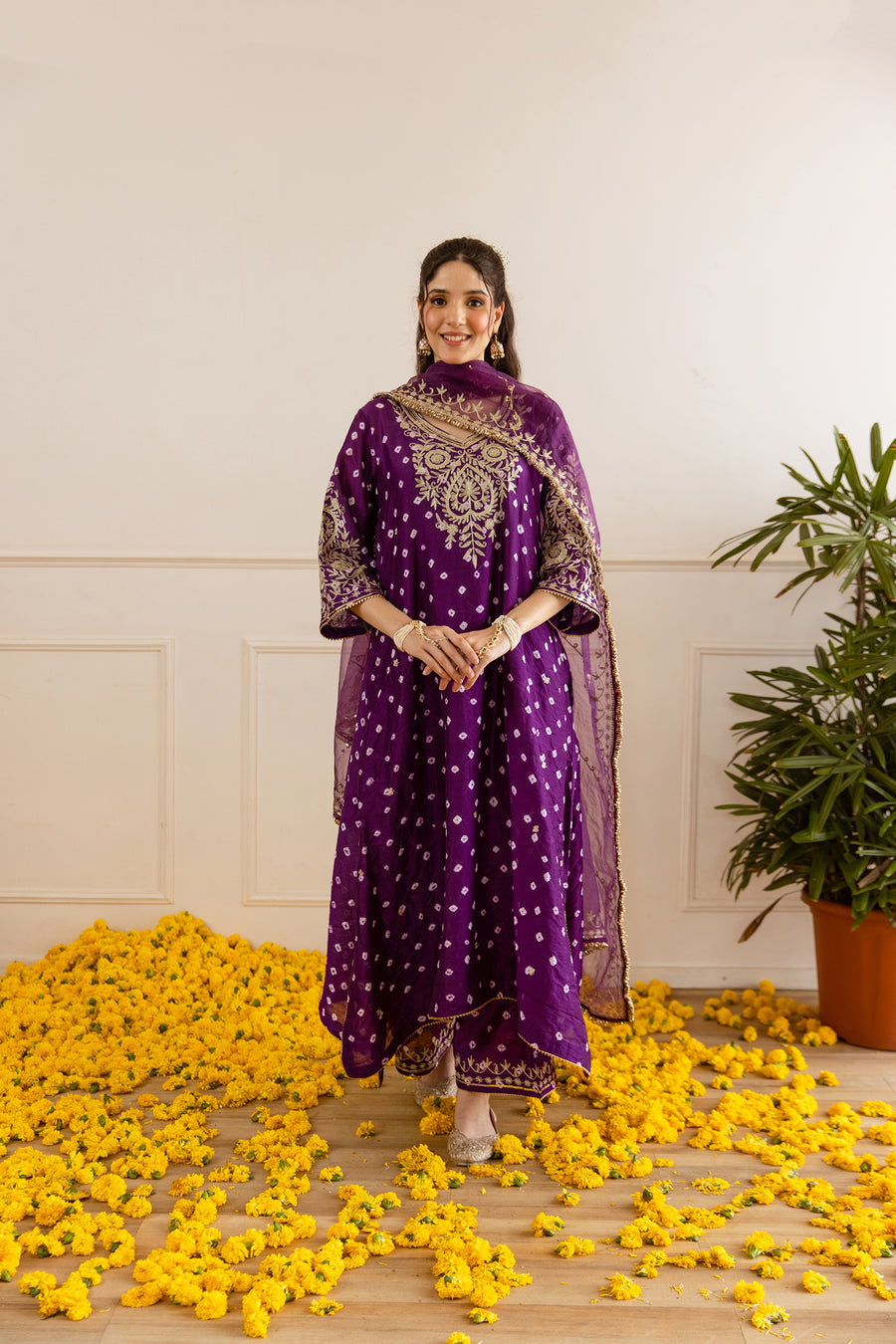 Royal Purple Hand Bandhej Suit Set With Kiran Organza Dupatta