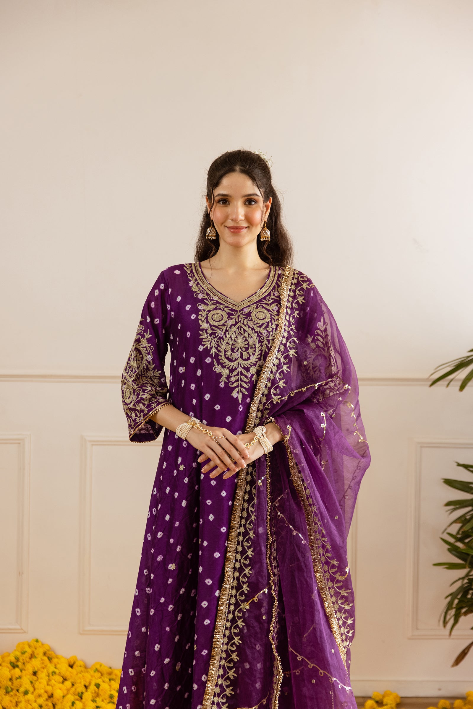 Royal Purple Hand Bandhej straight Suit Set - Asrumo
