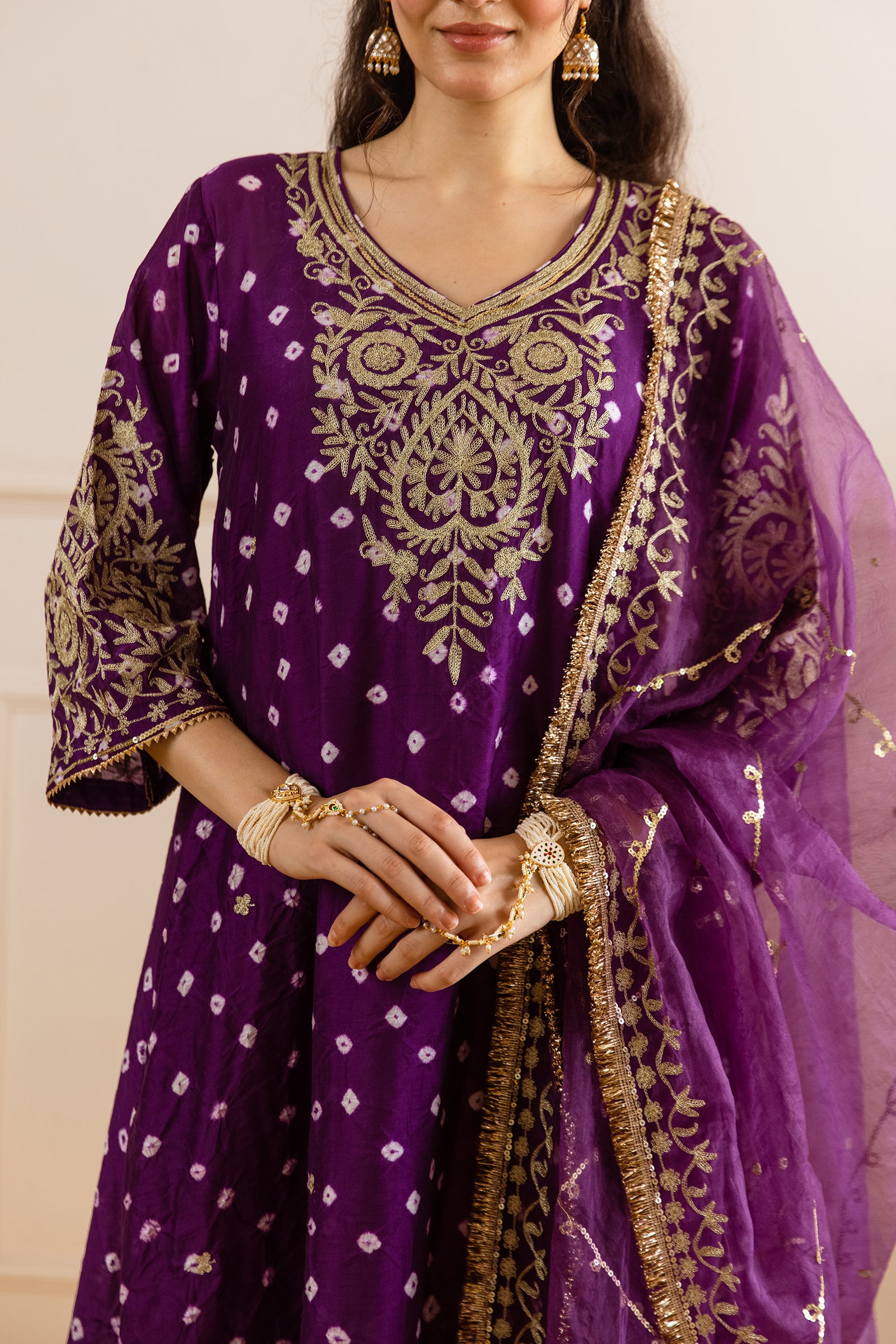 Royal Purple Hand Bandhej straight Suit Set - Asrumo