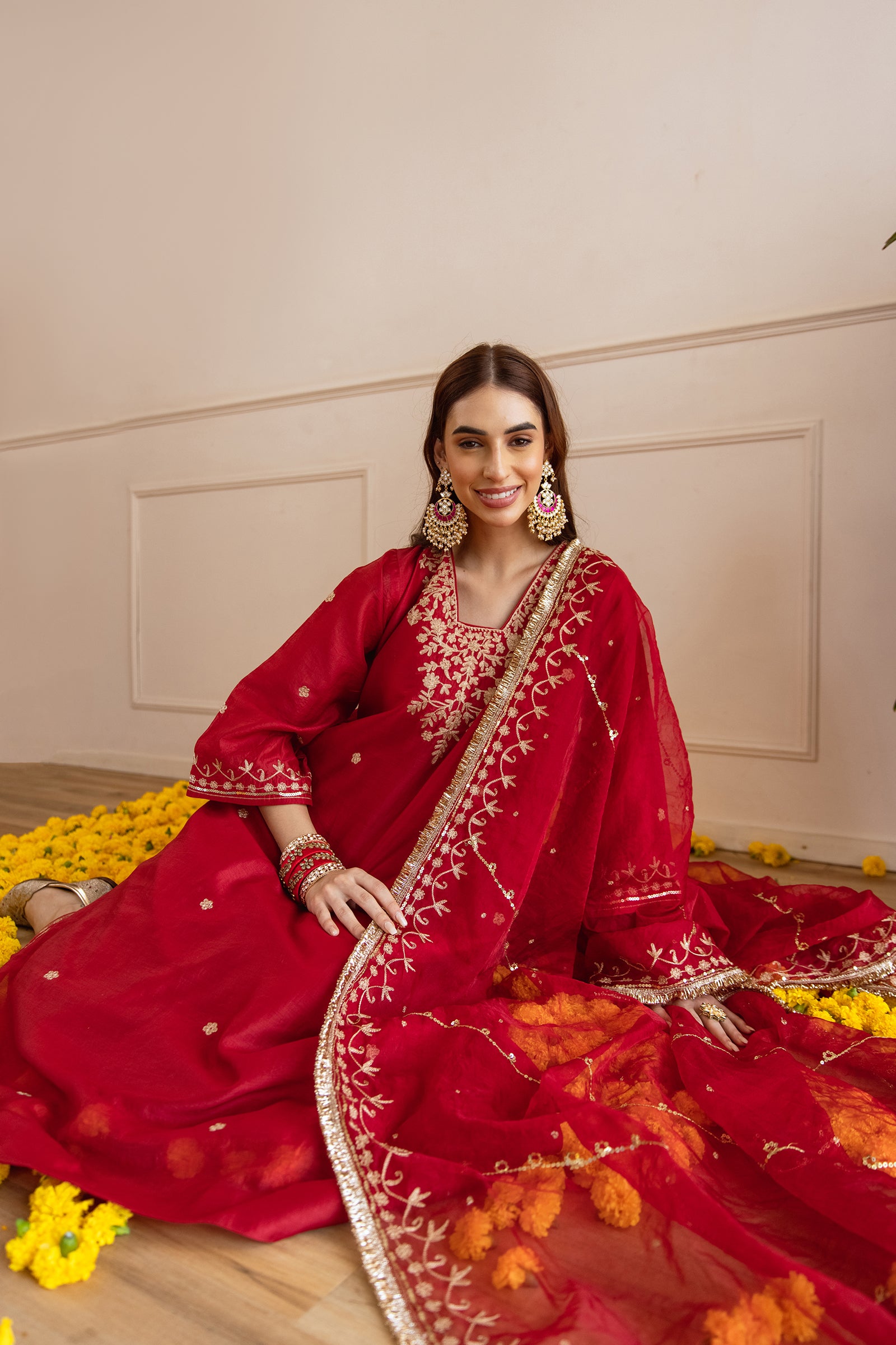 Red Chanderi Three Kali Kurta Set - Asrumo