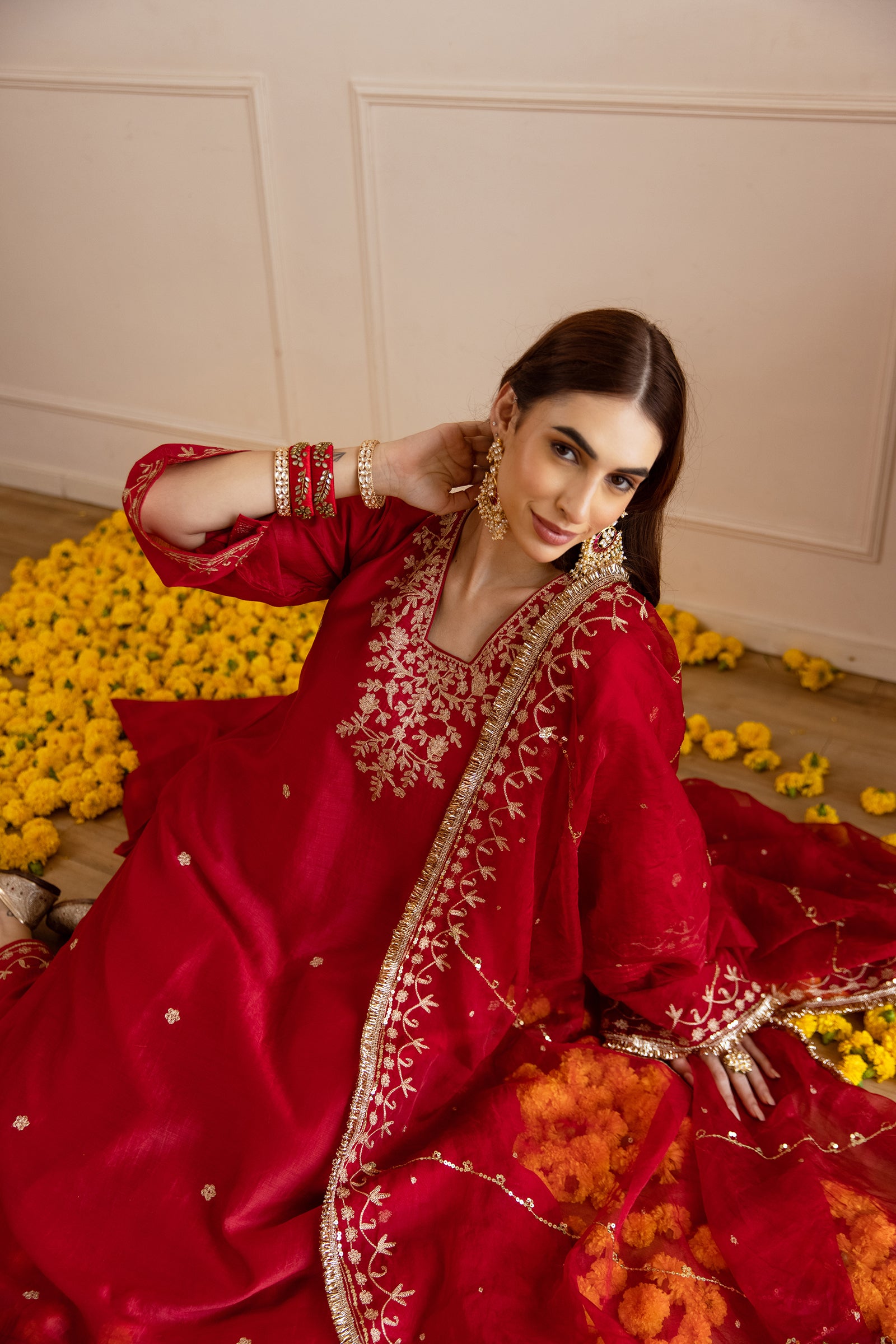 Red Chanderi Three Kali Kurta Set - Asrumo