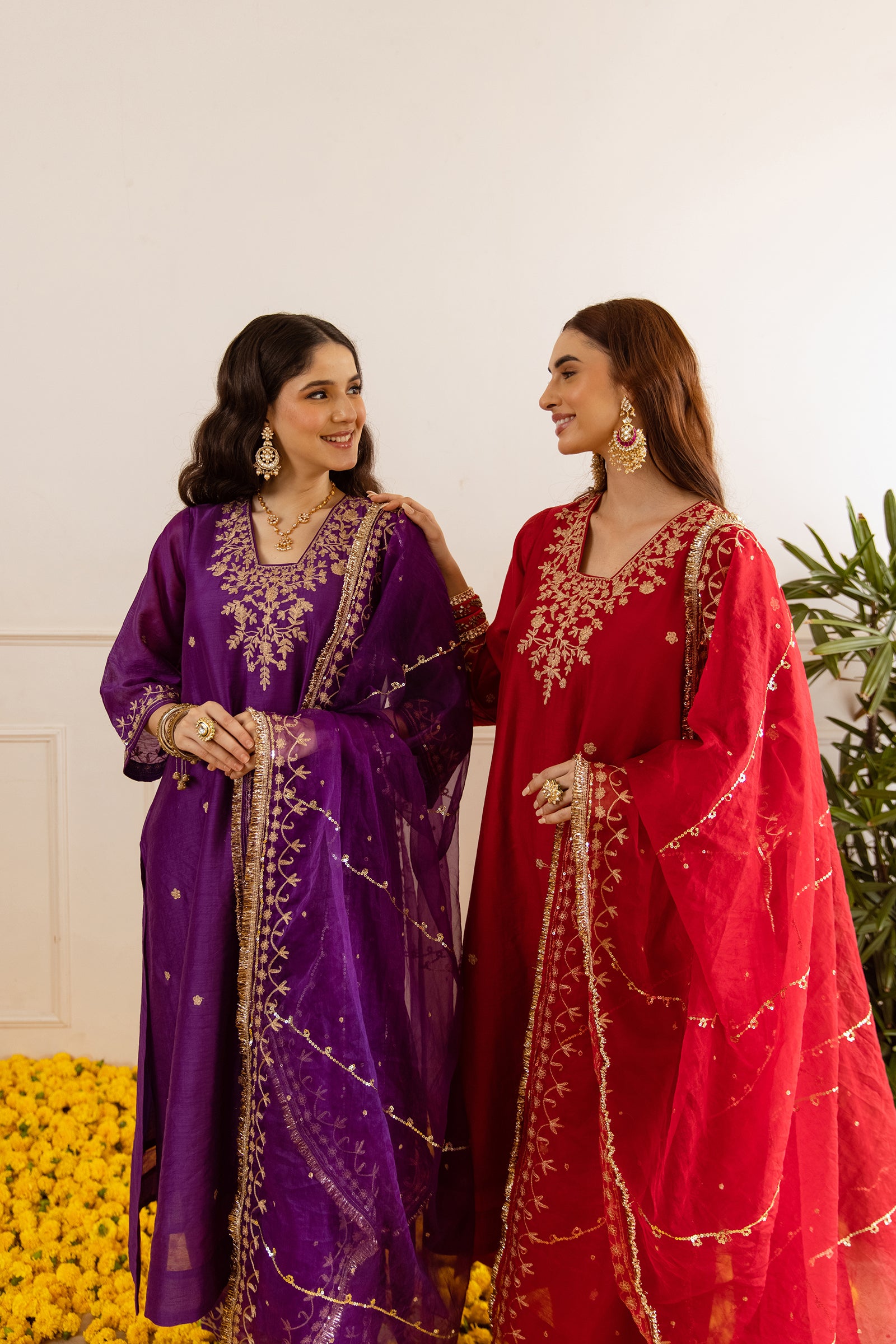 Red Chanderi Three Kali Kurta Set - Asrumo