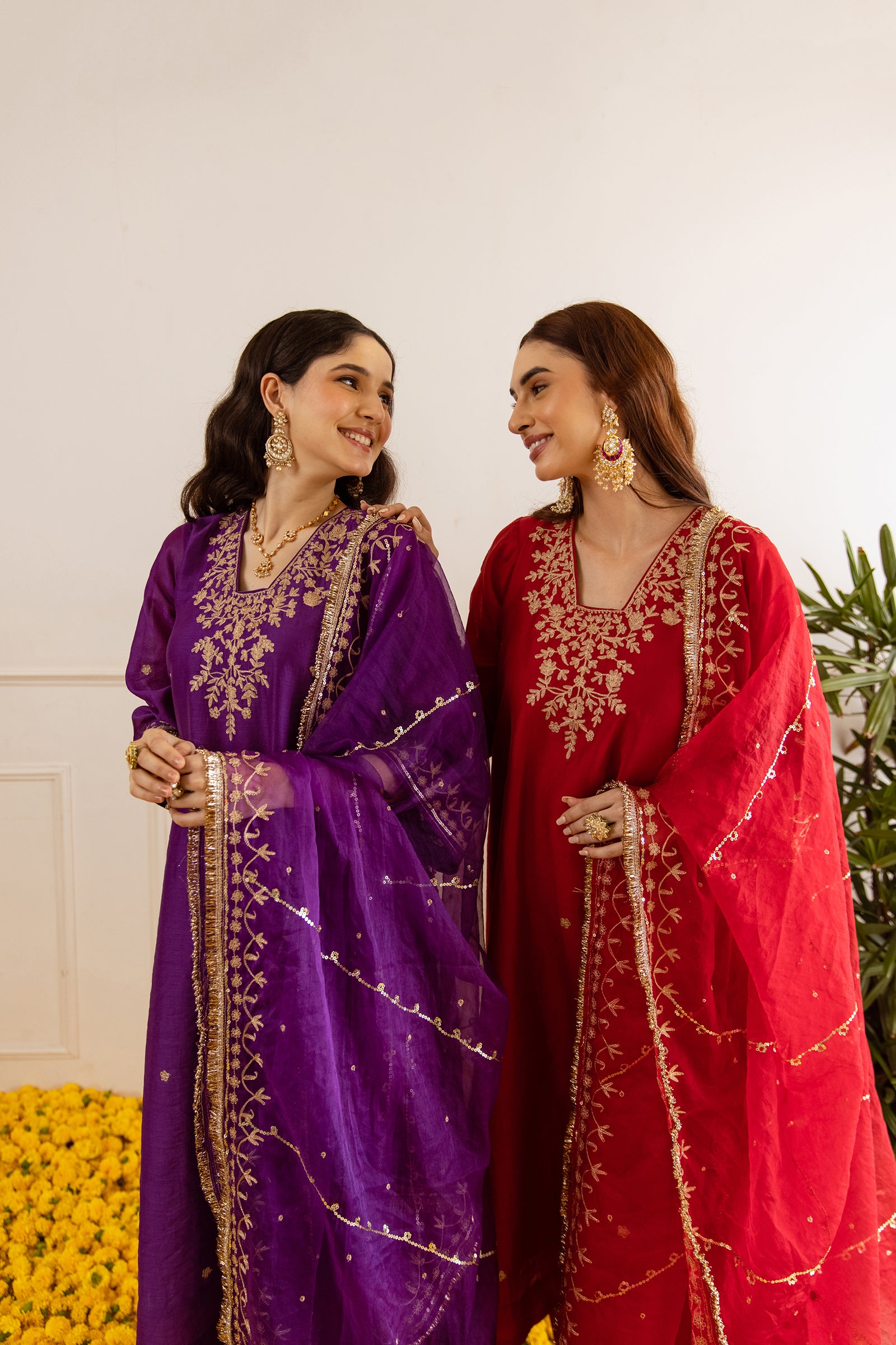 Red Chanderi Three Kali Kurta Set - Asrumo