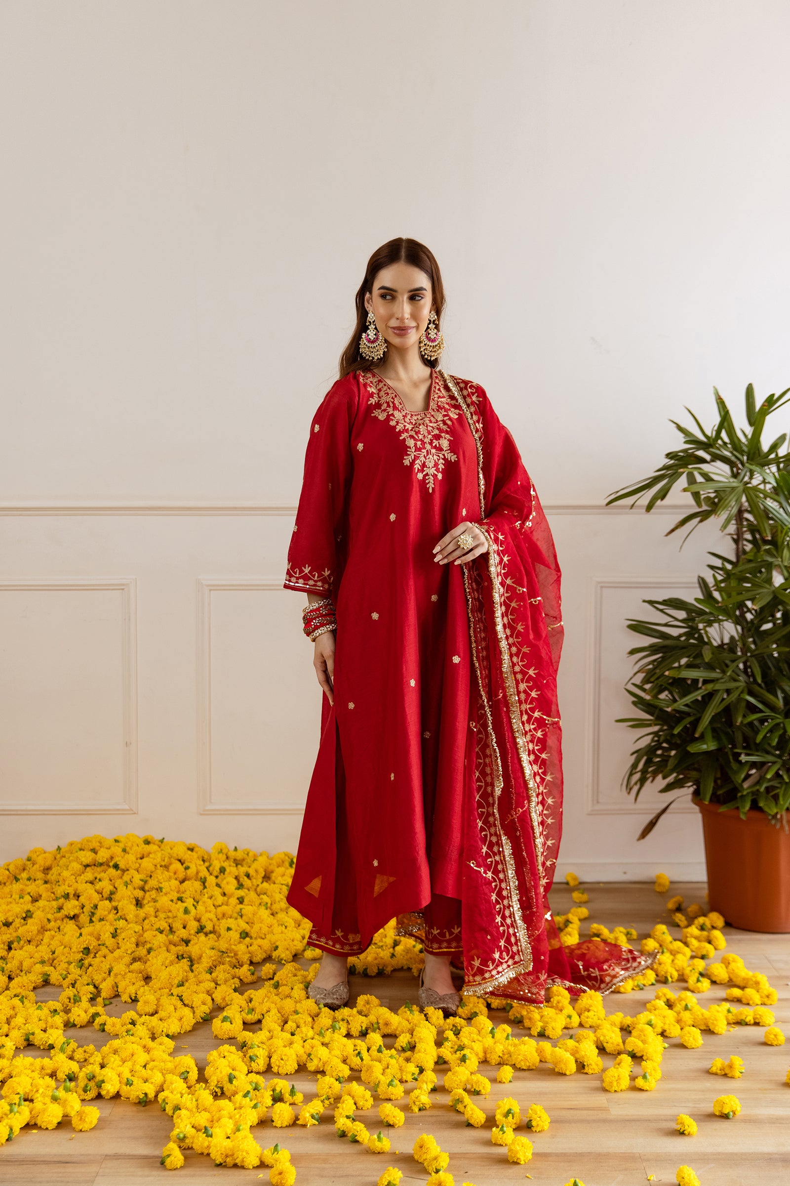 Red Chanderi Three Kali Kurta Set - Asrumo