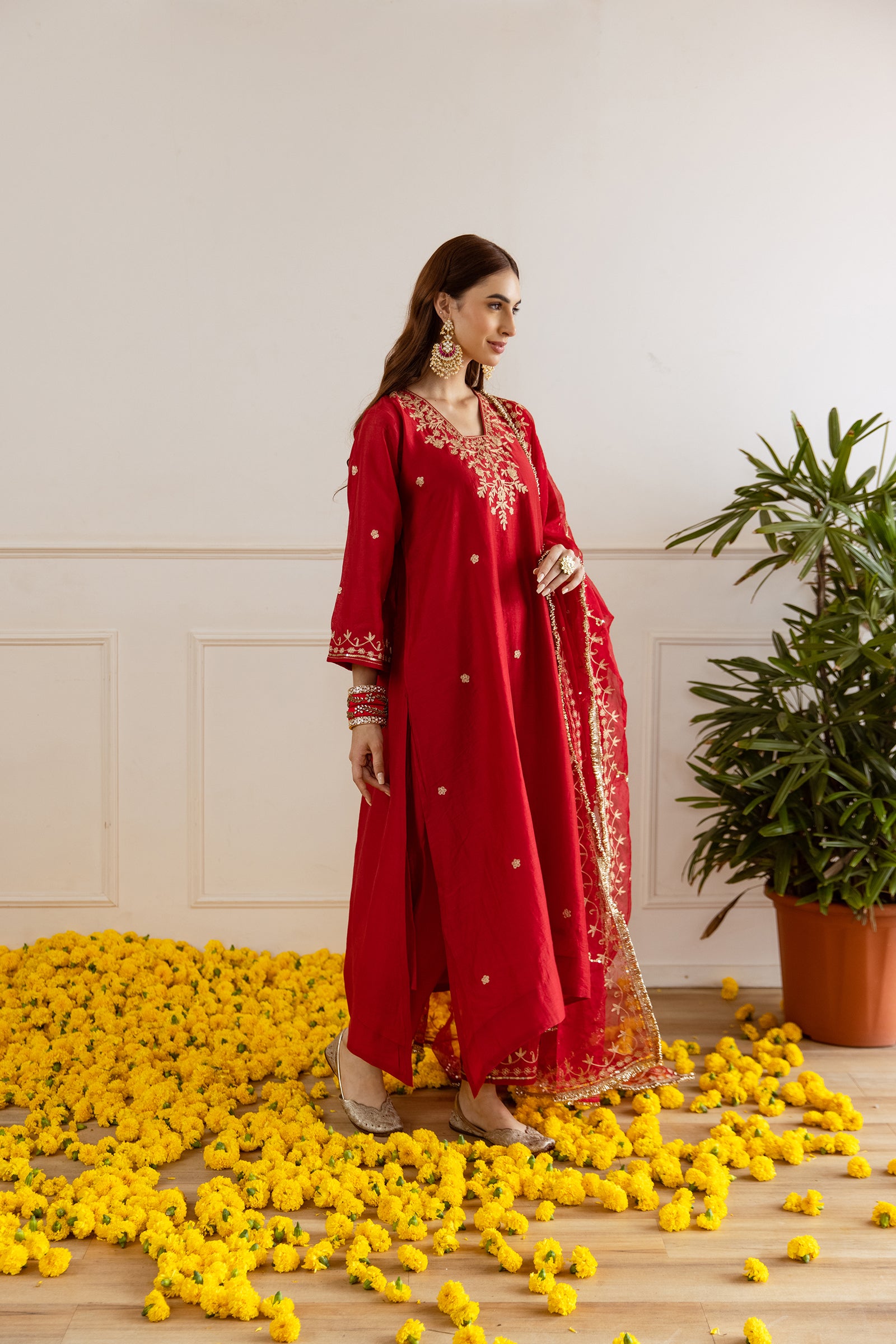 Red Chanderi Three Kali Kurta Set - Asrumo