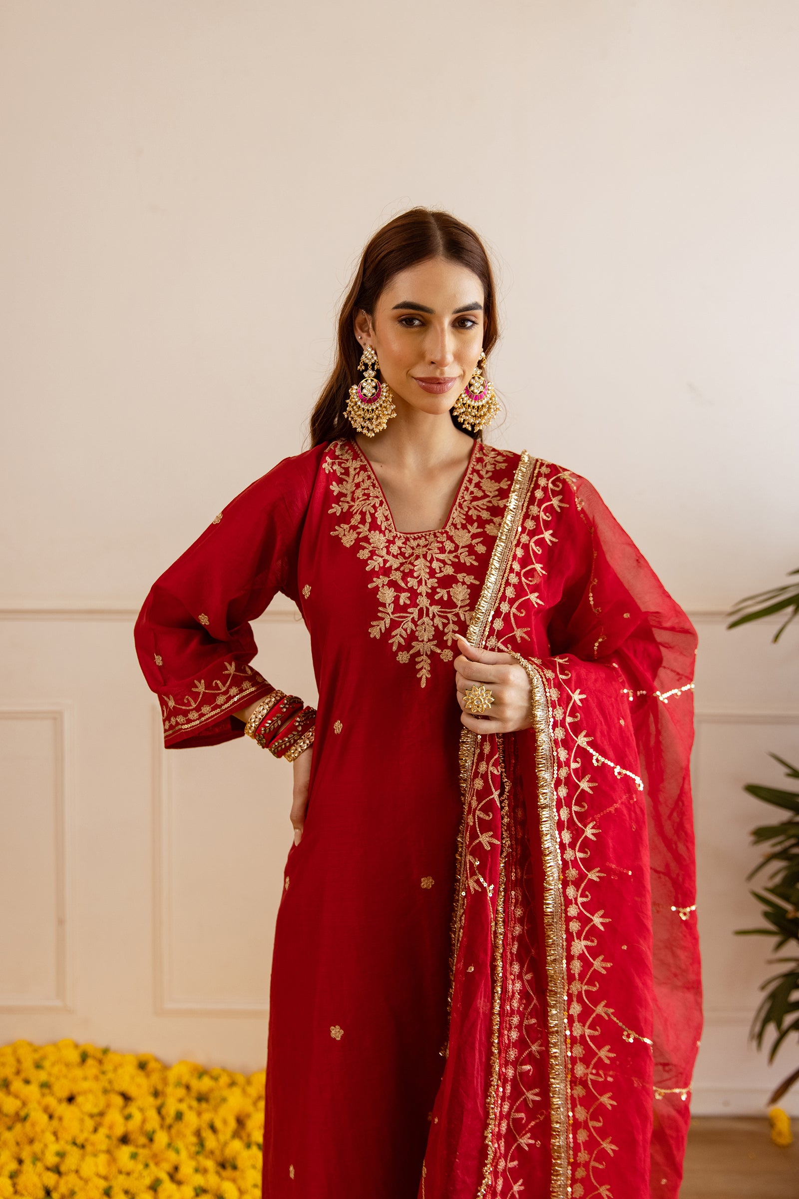 Red Chanderi Three Kali Kurta Set - Asrumo