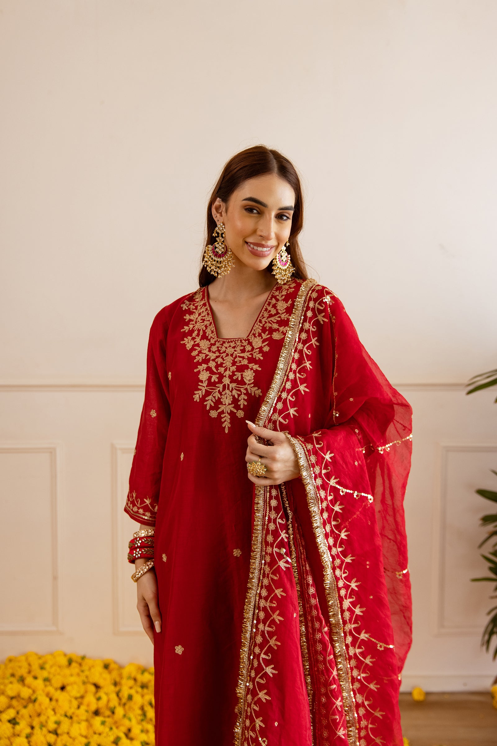 Red Chanderi Three Kali Kurta Set - Asrumo