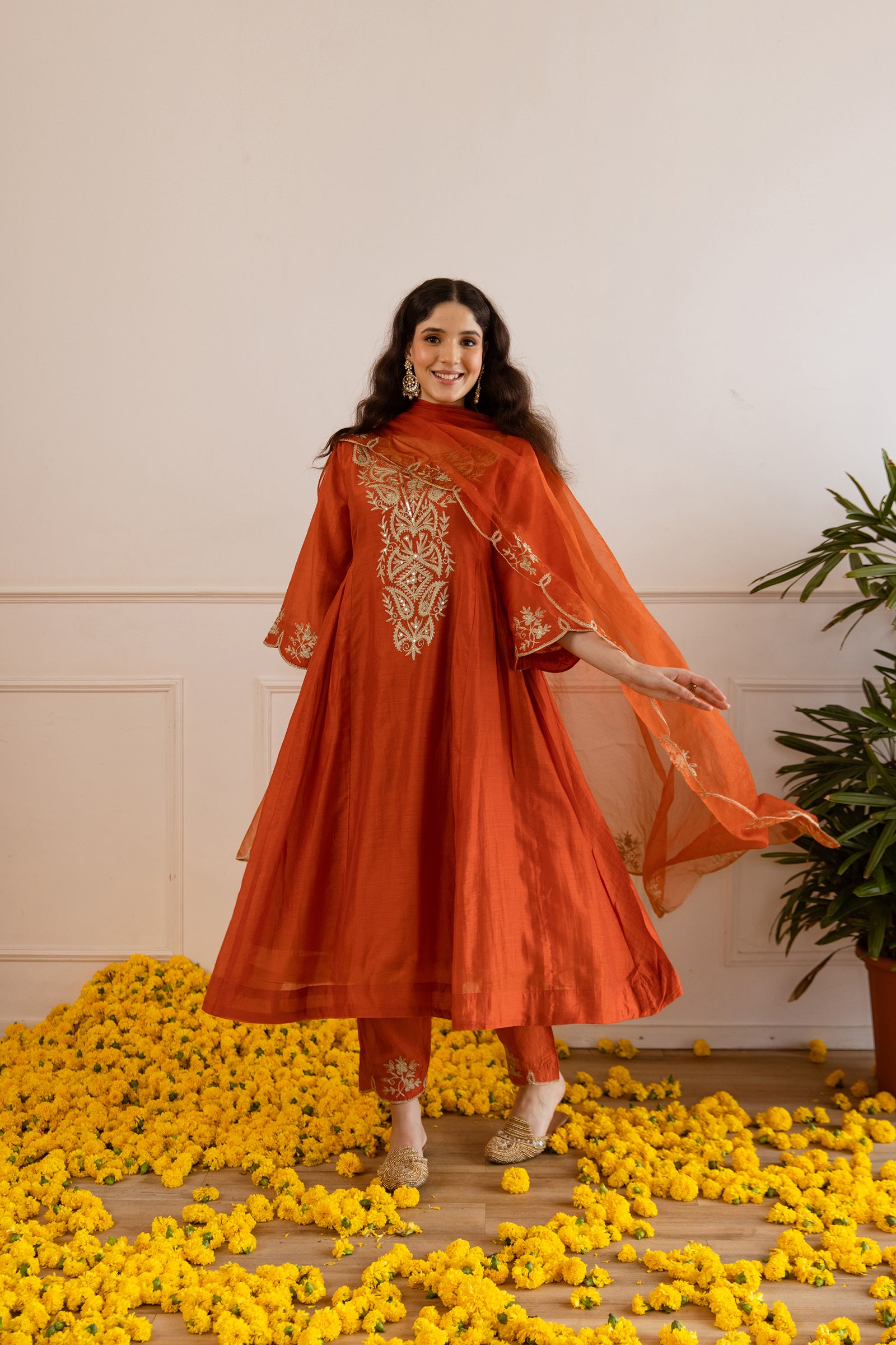 Rust Orange Chanderi Kurta Set With Organza Dupatta - Asrumo