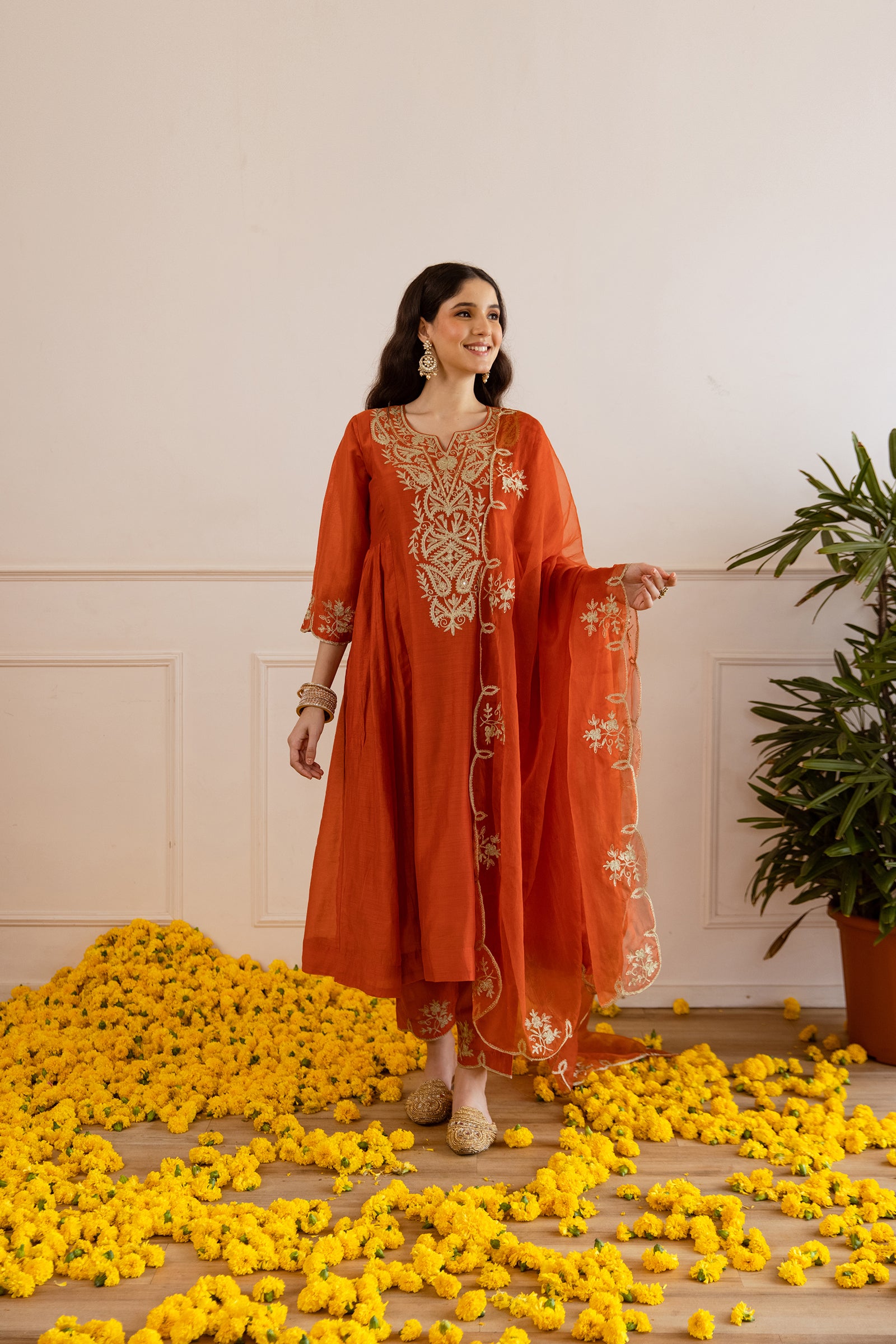 Rust Orange Chanderi Kurta Set With Organza Dupatta - Asrumo