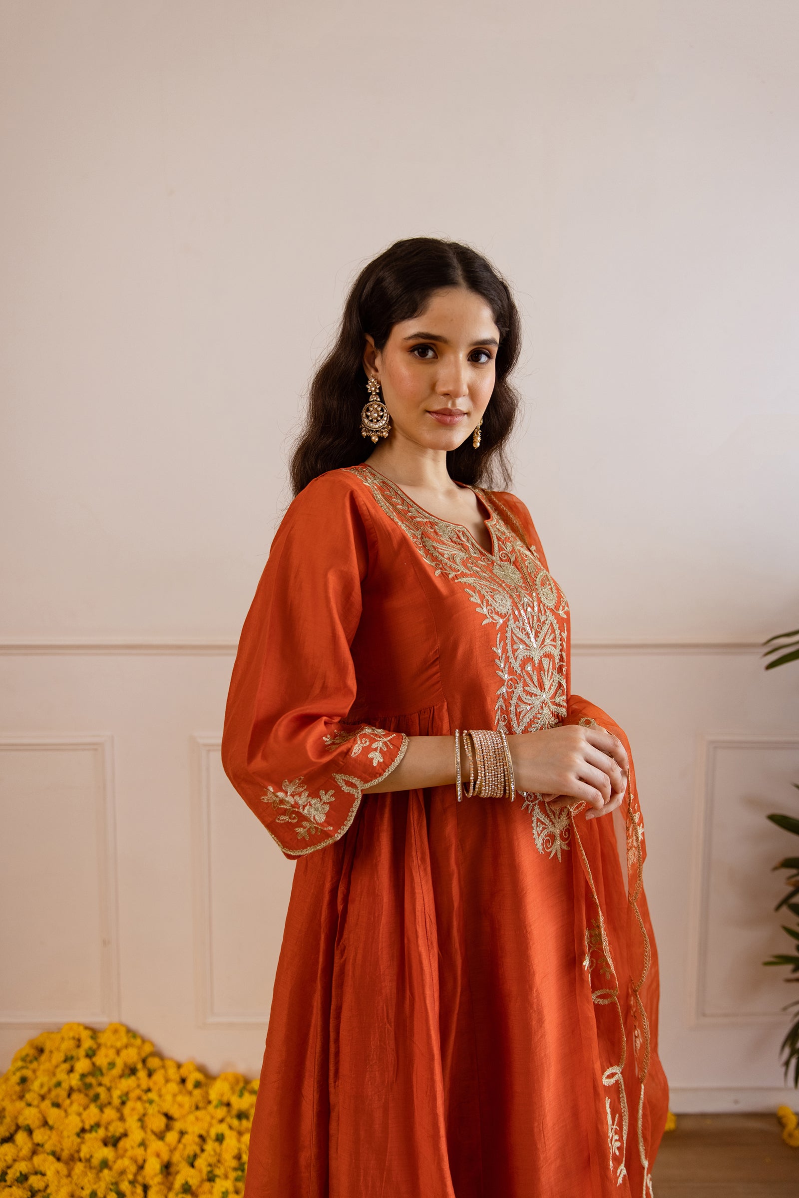 Rust Orange Chanderi Kurta Set With Organza Dupatta - Asrumo